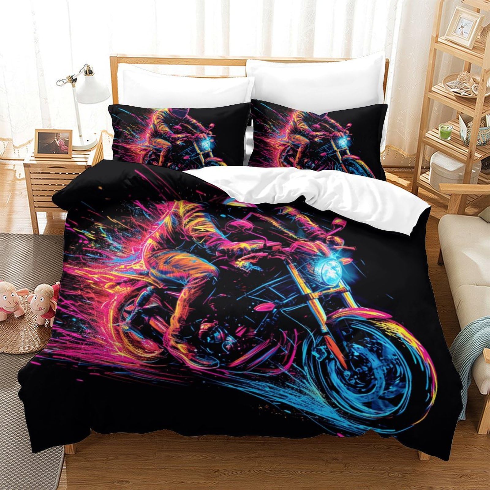 Housse de couette moto 3D en microfibre 220x240cm avec ses 2 taies d'oreiller pour lit King