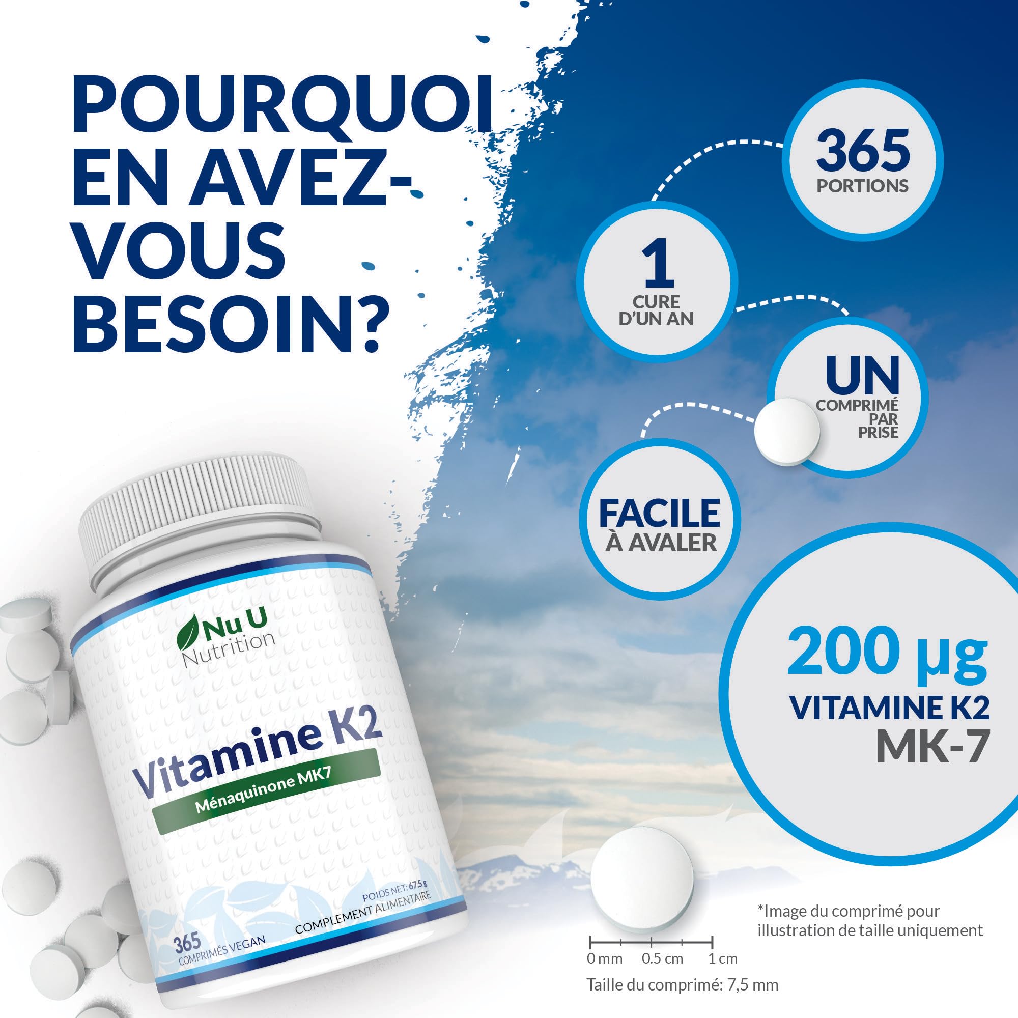 Vitamine K2 MK7 200mcg - 365 Comprimés Végétaliens - Vit K2 Ménaquinone MK7 Natto Trans-isomère - Un An d'Approvisionnement - Fabriqué en Europe - Nu U Nutrition