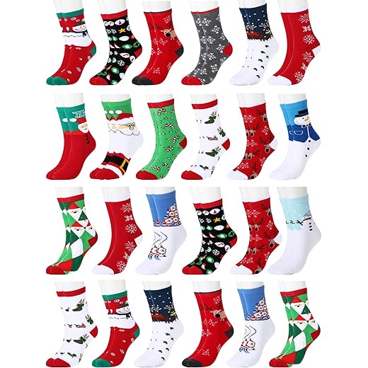 SATINIOR 24 Pairs Christmas Holiday Socks Women Girls Funny Crew Socks Cotton Knit Socks for coworkers Christmas Gifts (Vivid Style)