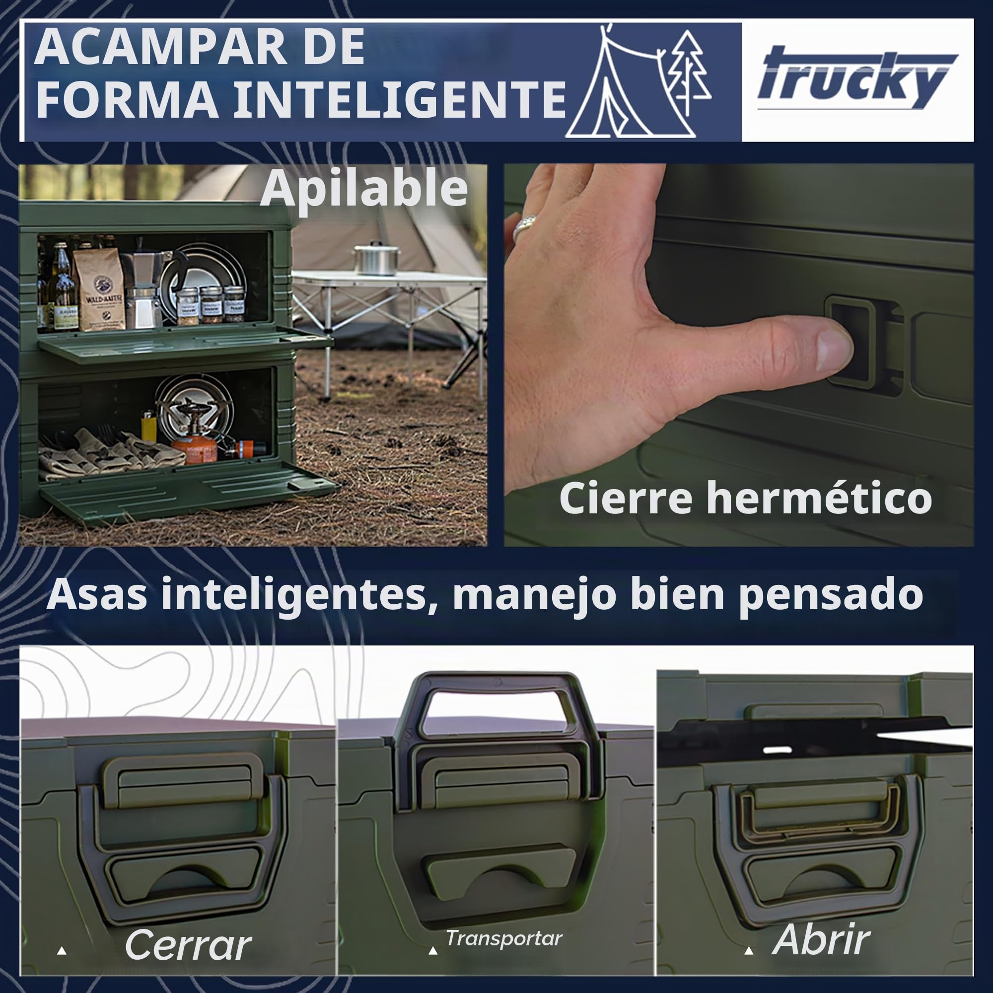 Caja de almacenamiento Trucky, 75 L 58 x 40 x 33 cm, Camping, Caja plegable, Caja plegable con tapa, Aufbewahrungsbox con tapa, plegable, Aufbewahrung, Caja, Verde