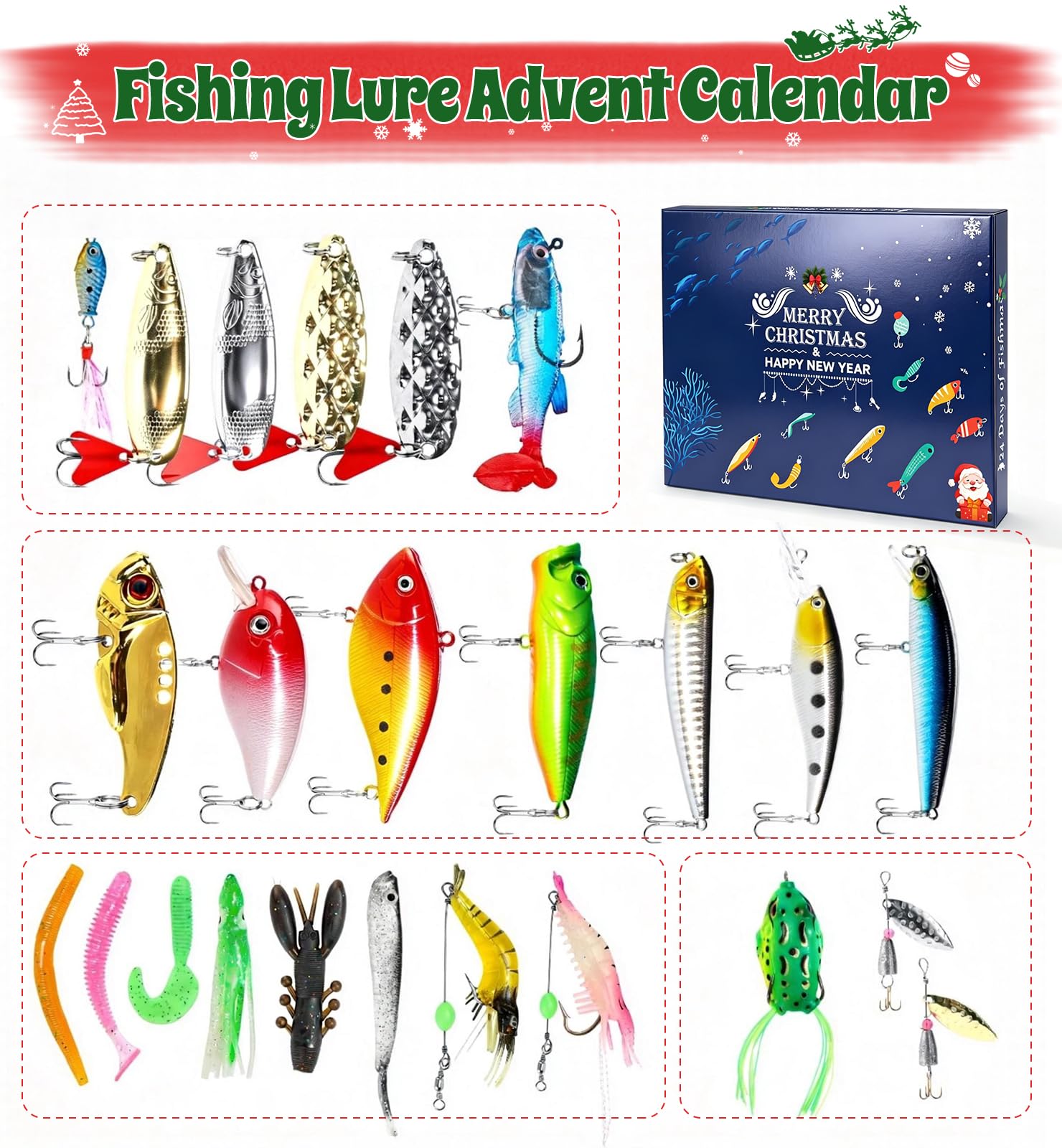 Calendario dell'Avvento 2026 con esche da pesca, 24 giorni, per uomini e