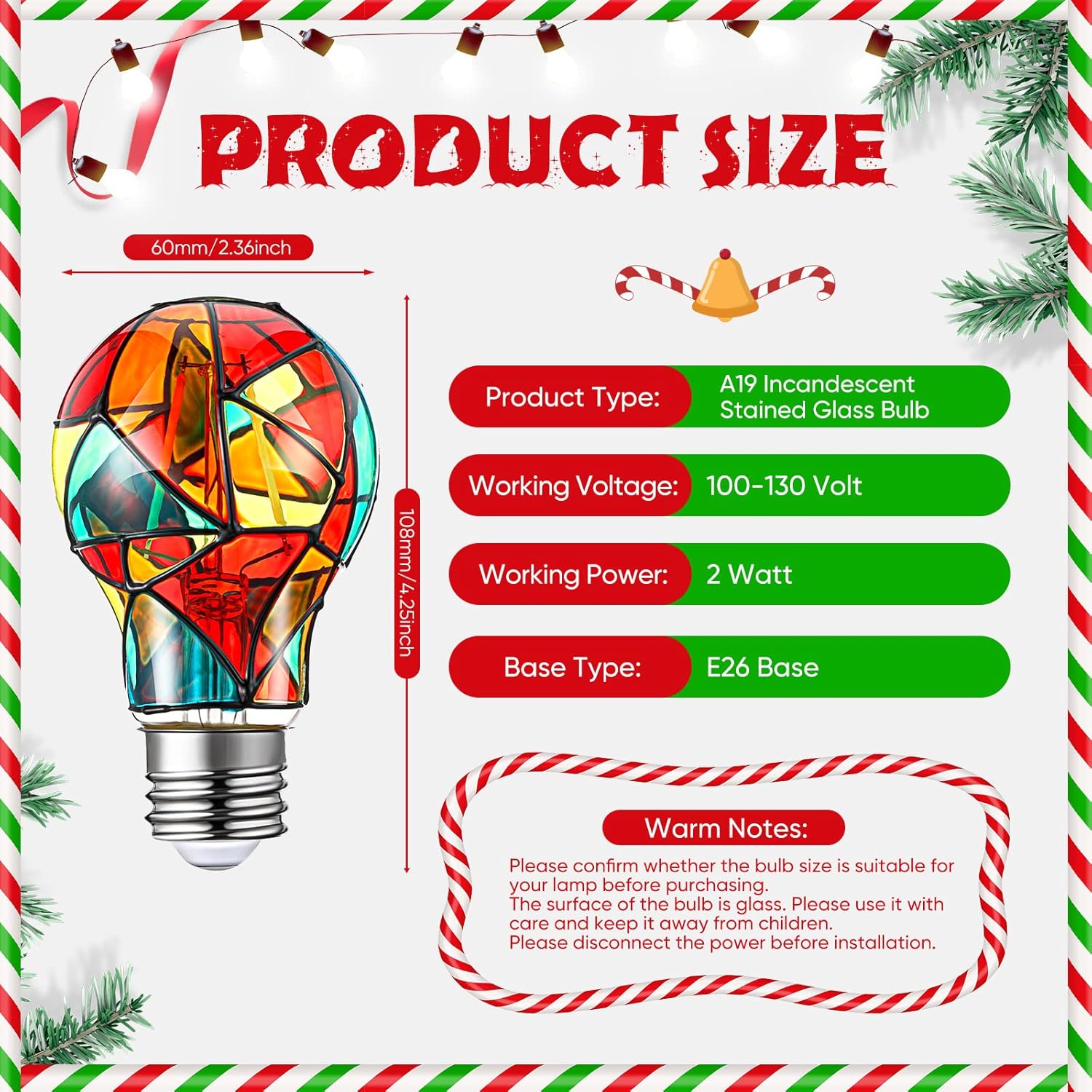 Tarpop 6 Pack Stained Glass Light Bulbs A19 2w (25w Equivalent) E26 Base Rainbow Painted Lightbulb LED Mosaic Stained Glass Lightbulb Multi Colored Colorful Light Bulbs for Home Party Decoration