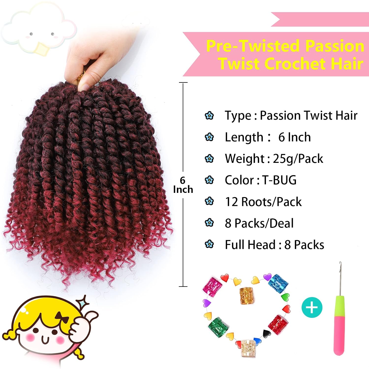 Condition photo showing As Is for fulcrum passion twist hair 6 inch, 8 packs passion twist crochet hair for black women, prelooped crochet twist hair with curly ends (6inch, tbug#) 6 inch (pack of 8) tbug#