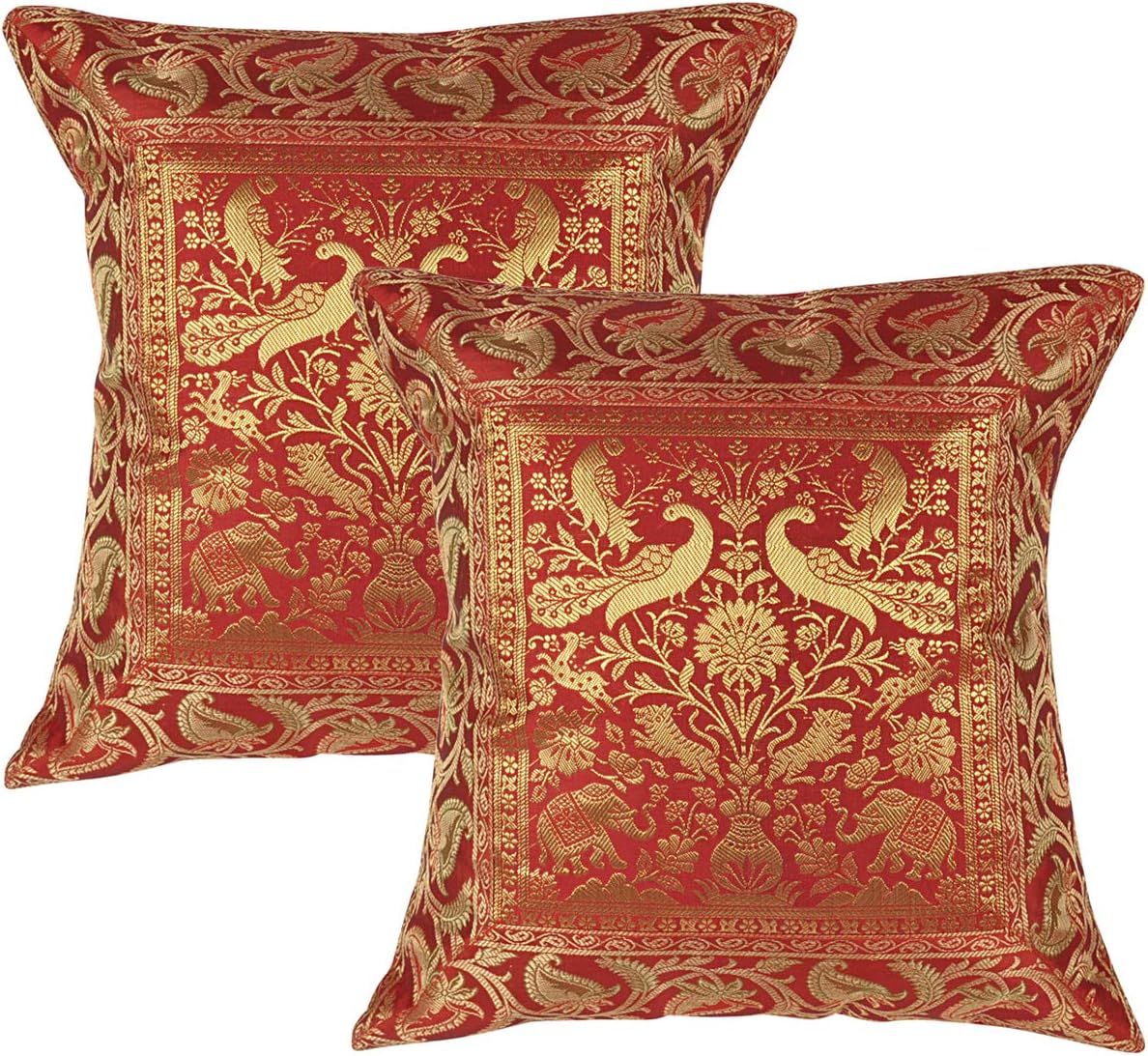 Set of 2 Cushion Cover 16 X 16 Inch Indian Vintage Style Sofa Decorative Pillowcase Throw Cover (Red)