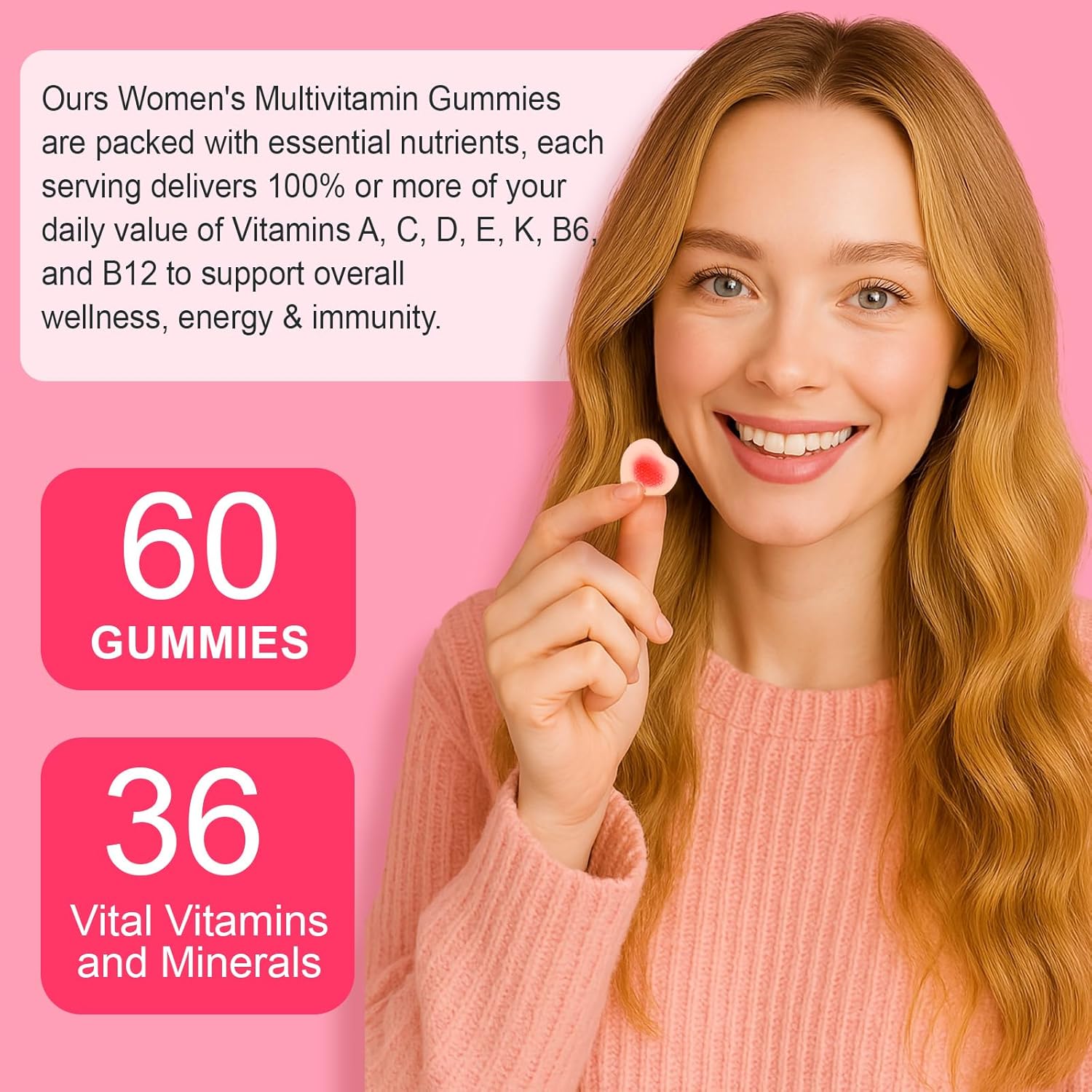 Vitamins for Women, Womens Multivitamin Gummies with Minerals, Biotin + Zinc + Vitamins B6, B12, C, D & E,100% Natural Strawberry Flavor-60 Gummies - Image 4