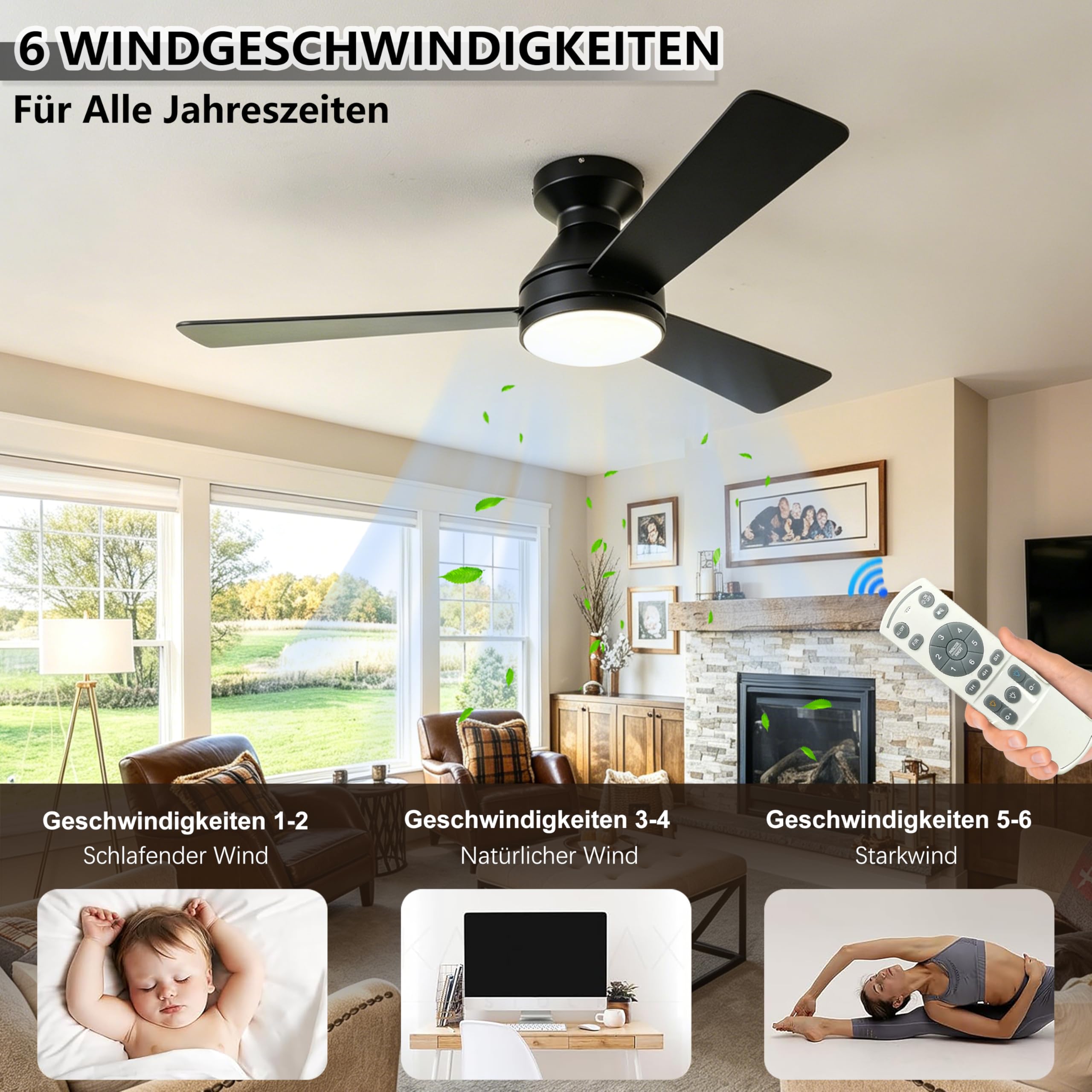 Deckenventilator mit Beleuchtung und Fernbedienung 107cm, Deckenventilator mit Licht Dimmbare LED, 3 Flügel, 6 Stufen, Leiser DC-Motor, Wendeflügel für Schlafzimmer und Wohnzimmer, Schwarz