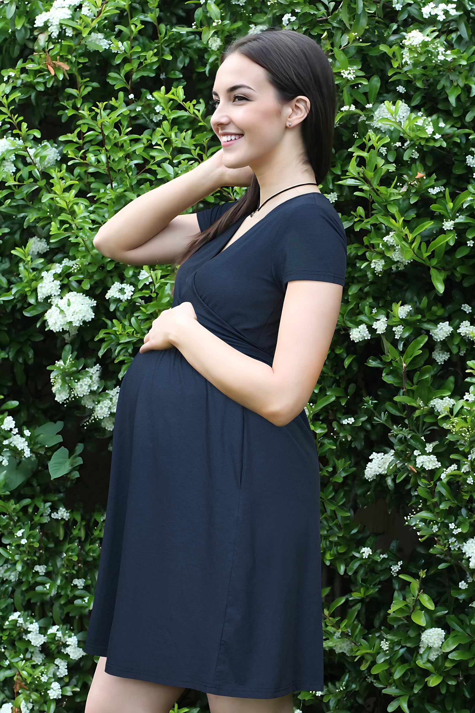 OUGES Robe de Maternité D'été pour Femme Robe d'allaitement Décontractée à Col en Vet Poches