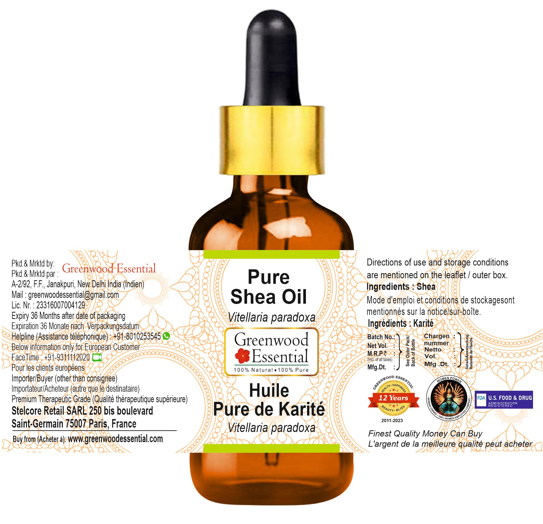 Greenwood Essential Huile de karité naturelle pure (Vitellaria paradoxa) avec compte-gouttes en verre Qualité thérapeutique naturelle 100 ml x 2 (6,76 oz)