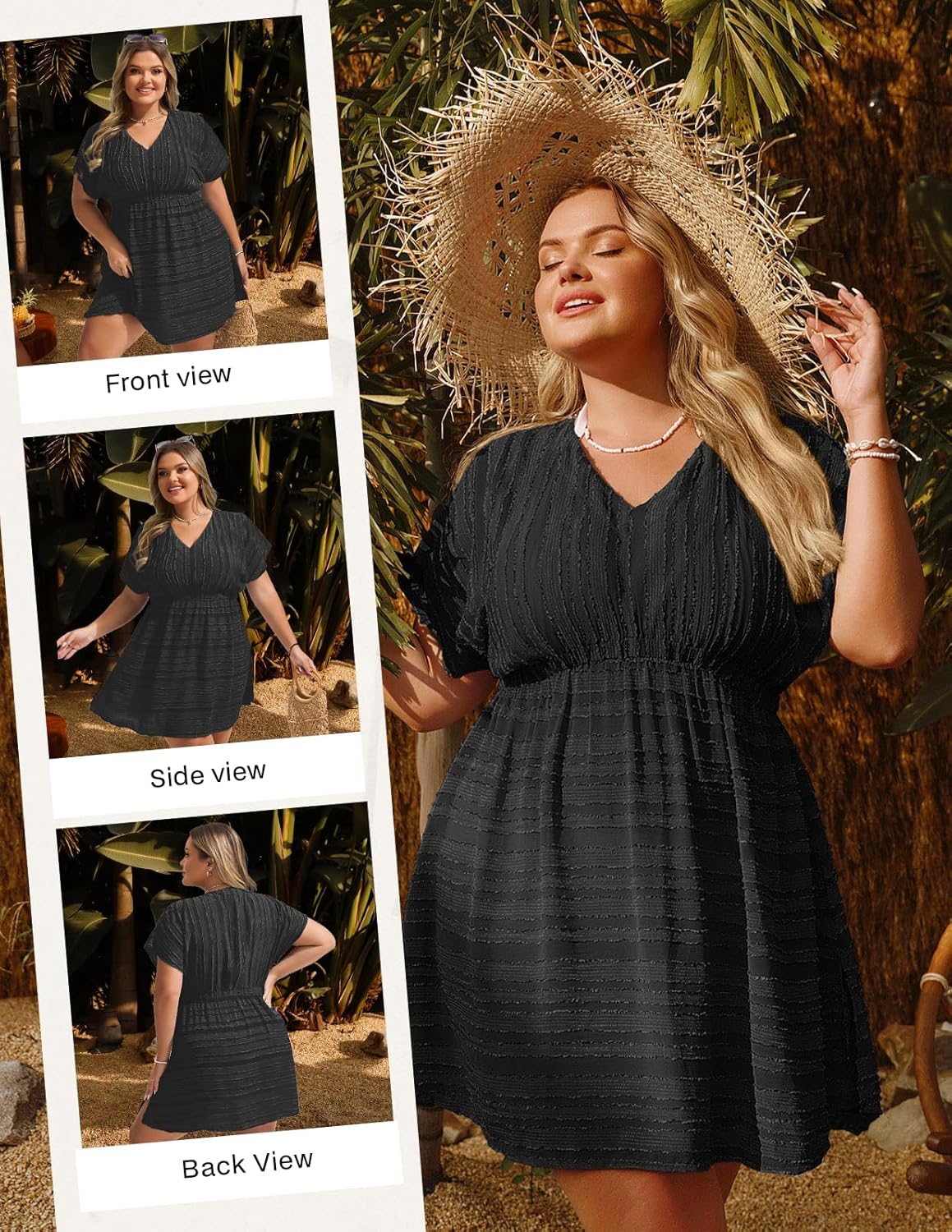 Hanna Nikole Plus Size Swimsuit Coverup, Textured Striped Elastic Waisted Coverups, V Neck Side Split Beach Cover Up - Image 4