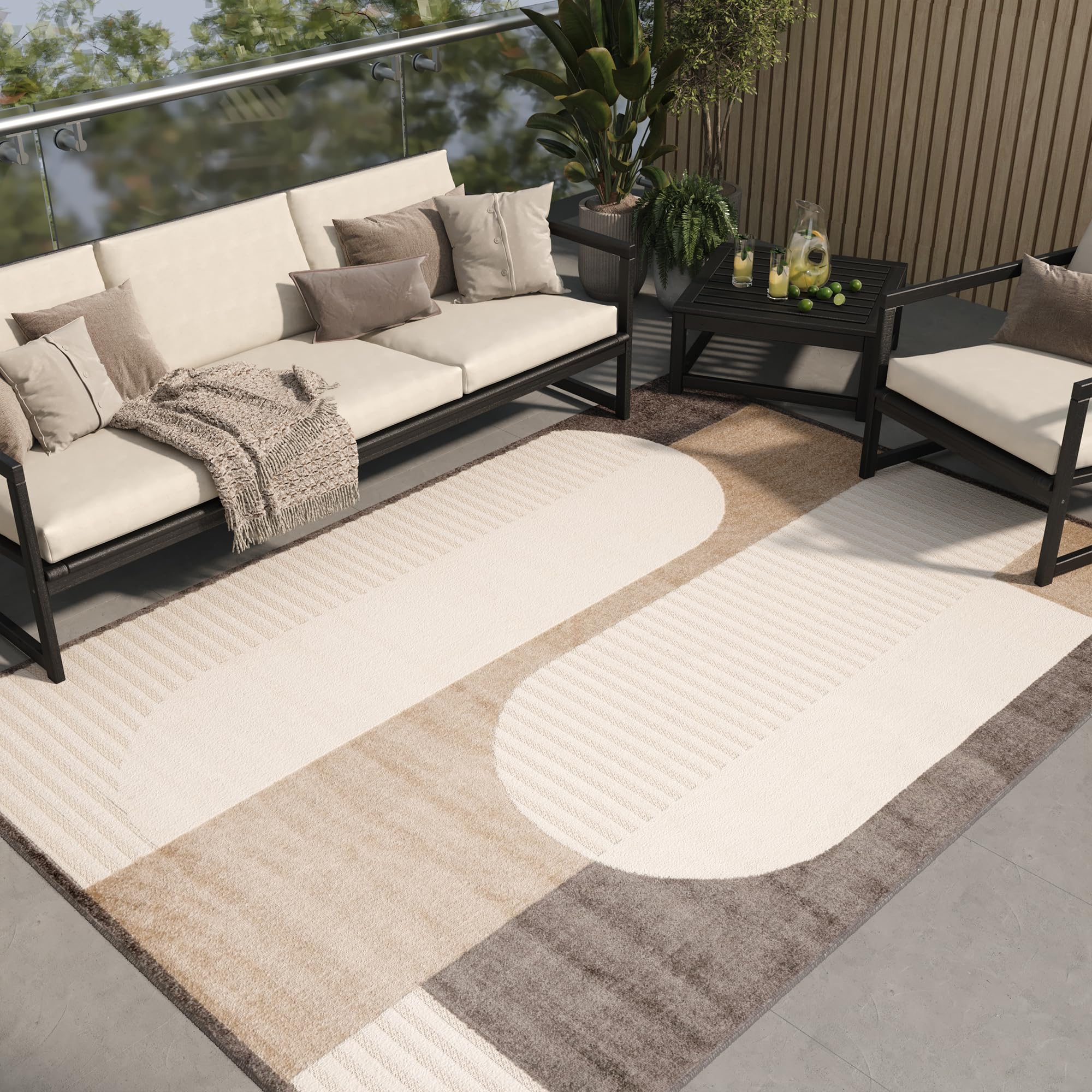 TAPISO Dywan patio, płasko tkany do wnętrz, kremowy, beżowy, ciemnobrązowy, sizalowy, wytrzymały, do kuchni, salonu, nowoczesne wzornictwo, Öko-Tex 300 x 400 cm