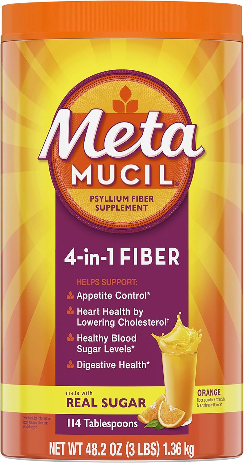 Metamucil, Psyllium Husk Powder Fiber Supplement, Plant Based, 4-in-1 Fiber for Digestive Health With Real Sugar, Orange Flavored, 114 Tablespoons : Health & Household