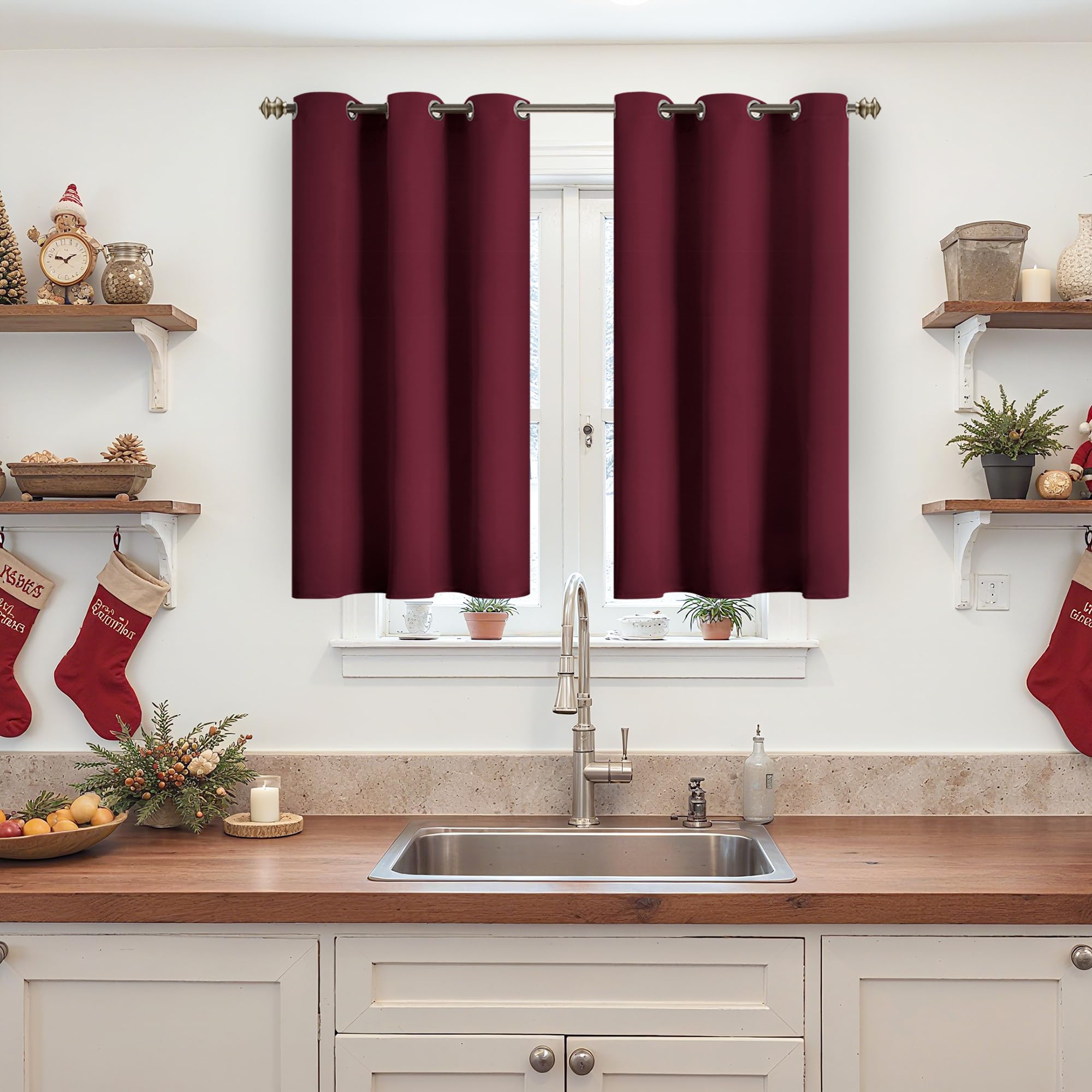 YoungsTex Burgundy Blackout Curtains 40 Inch Length for Kitchen Cafe Window - Thermal Insulated Drapes with Grommet Room Darkening for Bedroom Basement Bathroom, 2 Panels, 42 x 40 Inch