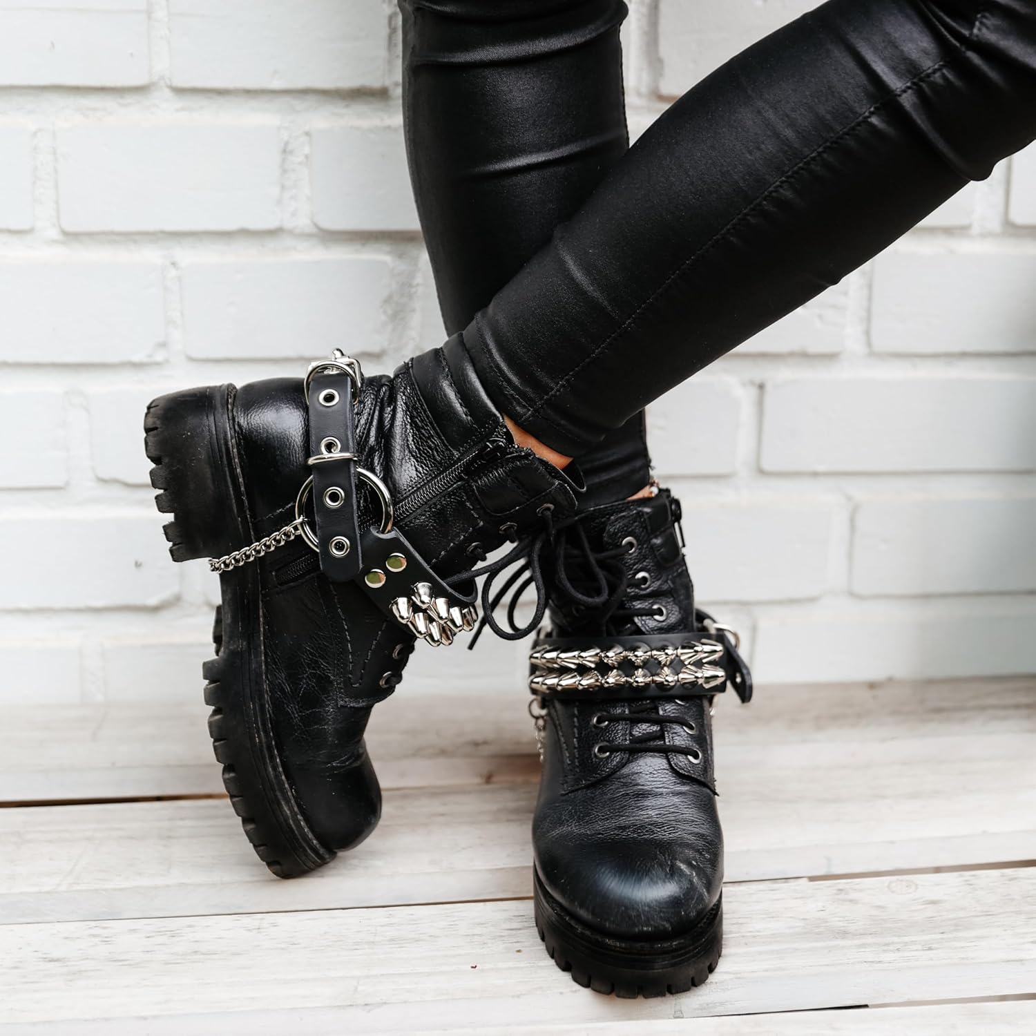 Leather Bootstraps – Pair of Handmade Gothic Spiked Shoe Accessories – Studded Punk Emo Goth Cuffs for Boots – Black Cowhide with Chains - Image 6