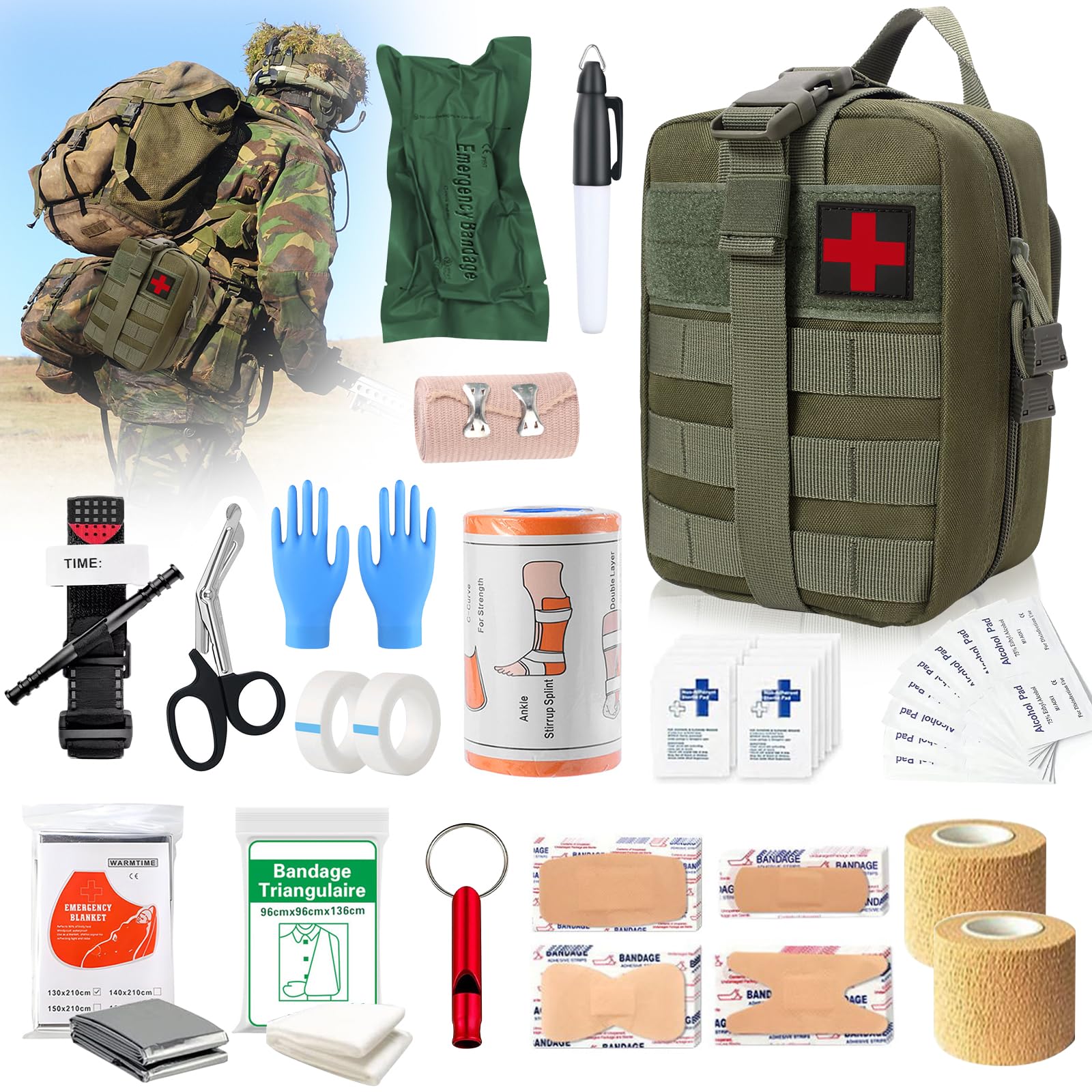 61 Stück Erste Hilfe Set Outdoor, Survival Set First Aid Kit, Trauma Erste Hilfe Tasche, First Aid Kit Military, Notfall Trauma Survival Ausrüstung, für Camping Wandern Radfahren Klettern und Reisen