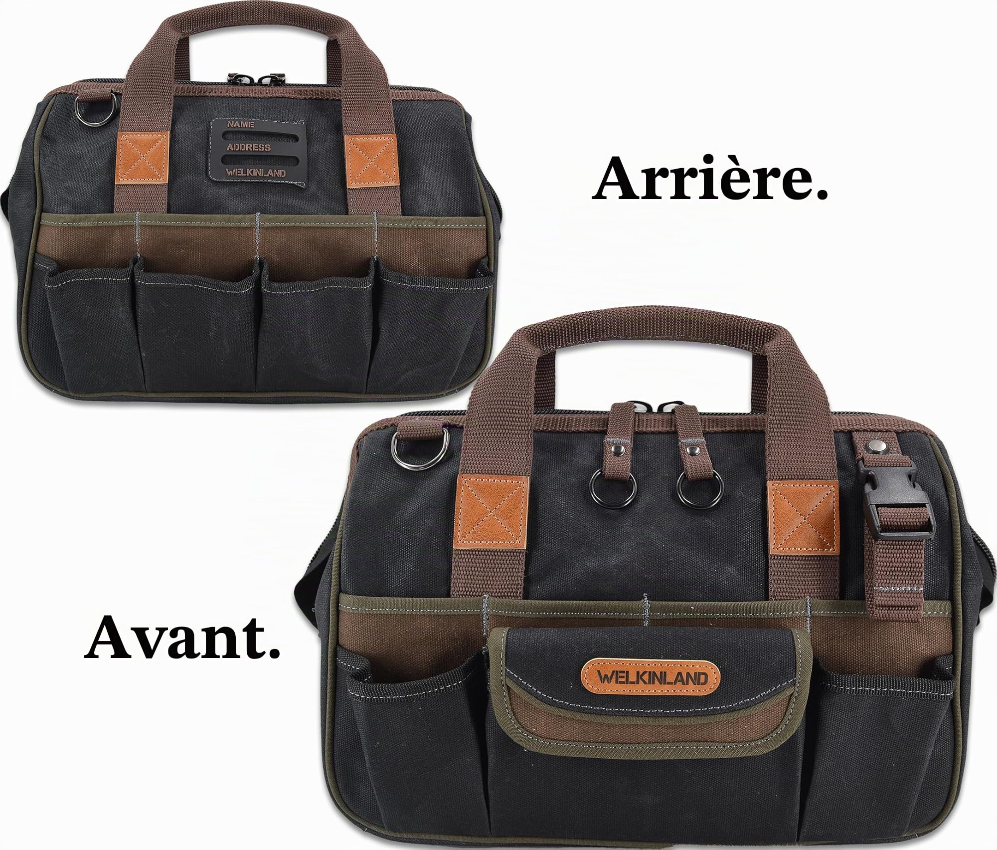 WELKINLAND Sac à outils en toile à 30 poches, 35,6 cm de sacs cirés robustes, sac fourre-tout pour outils, électricien de ligne pour électriciens, sac à outils pour hommes de service en noir/brun