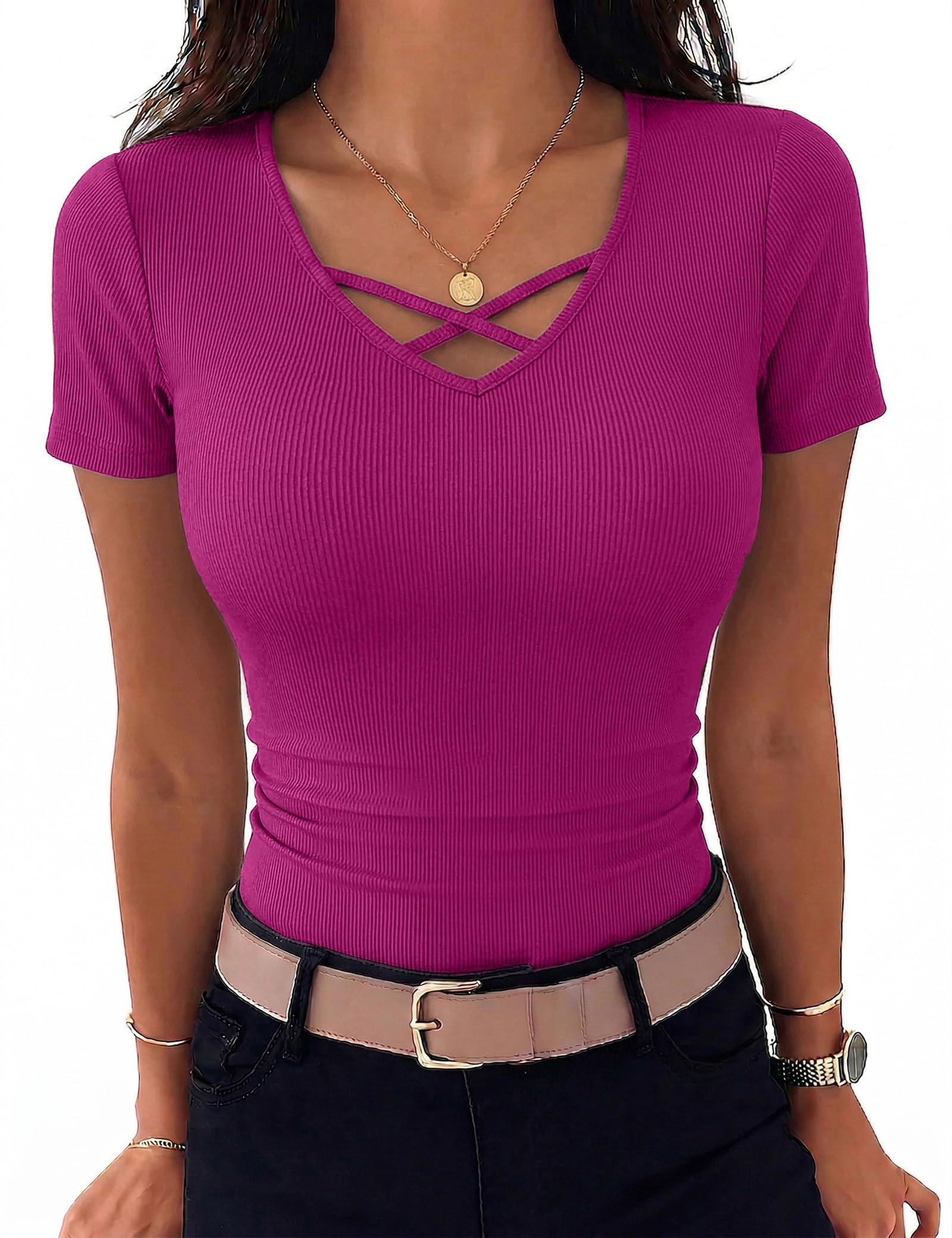 Aottori Tshirt Damen V-Ausschnitt Kurzarm Sommer T-Shirt Basic Gerippt Oberteile Stretch Elegant Top Einfarbig Slim Fit Tee Shirts