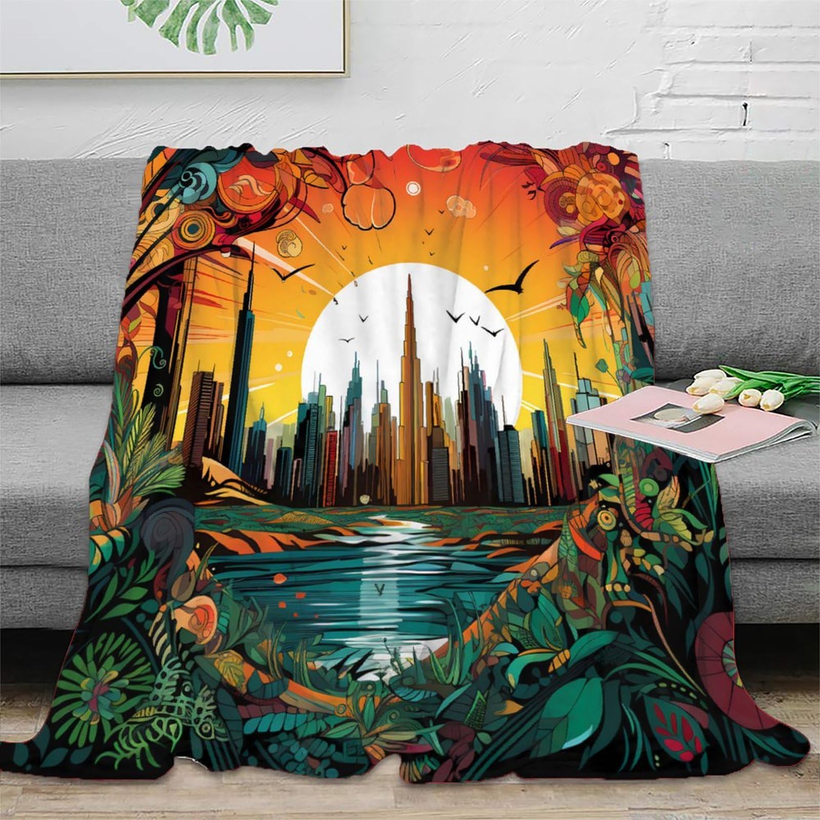 Couverture Cityscape Sunset plaid urban jungle cosy pour salon 150x200cm