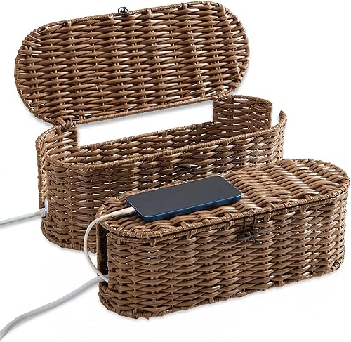 FairyHaus Caja organizadora de cables, 2 unidades, color marrón, tejida a mano, grande y pequeña, para ocultar cables y regleta de alimentación,