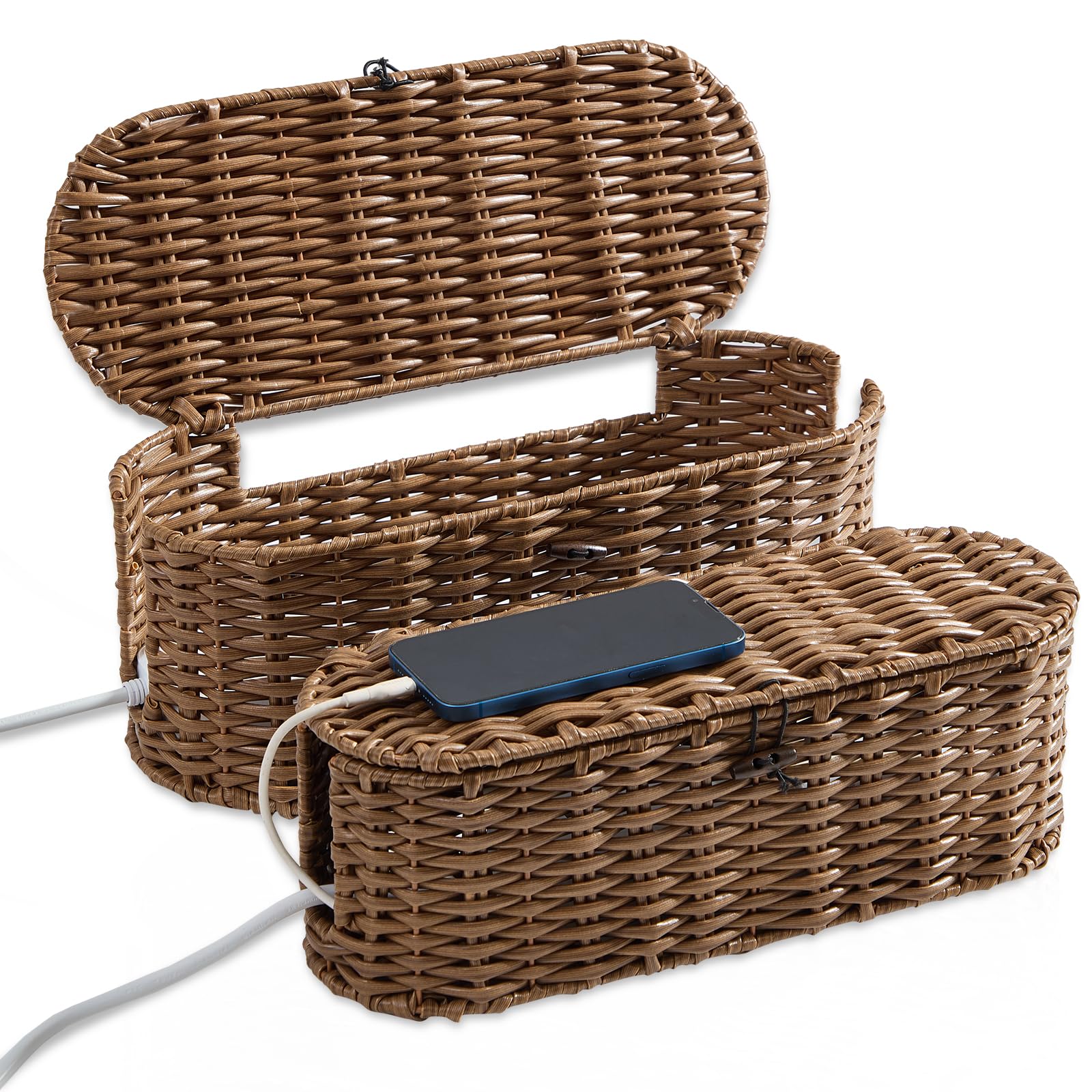 FairyHaus Cable Management Box 2Pack Brown, Handwoven Large and Small Cable Organizer Box Cover to Hide Cords and Power Strip, Imitation Wicker Cord