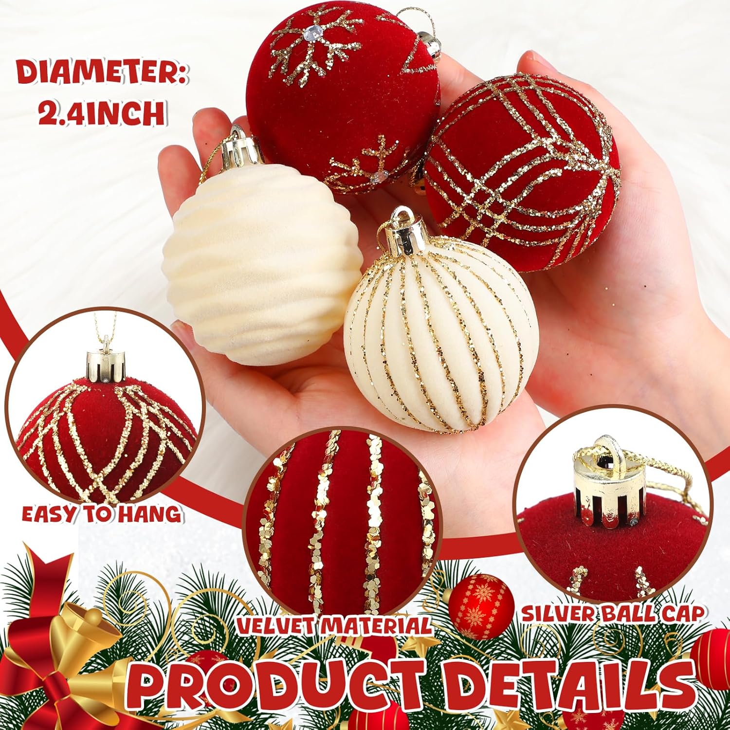 16 Pieces 2.4 Inch Christmas Velvet Balls Set Glitter Christmas Tree Ornaments Shatterproof Ornaments Bulk Xmas Ornament for Holiday Favors Decoration(Red, White) - Image 2