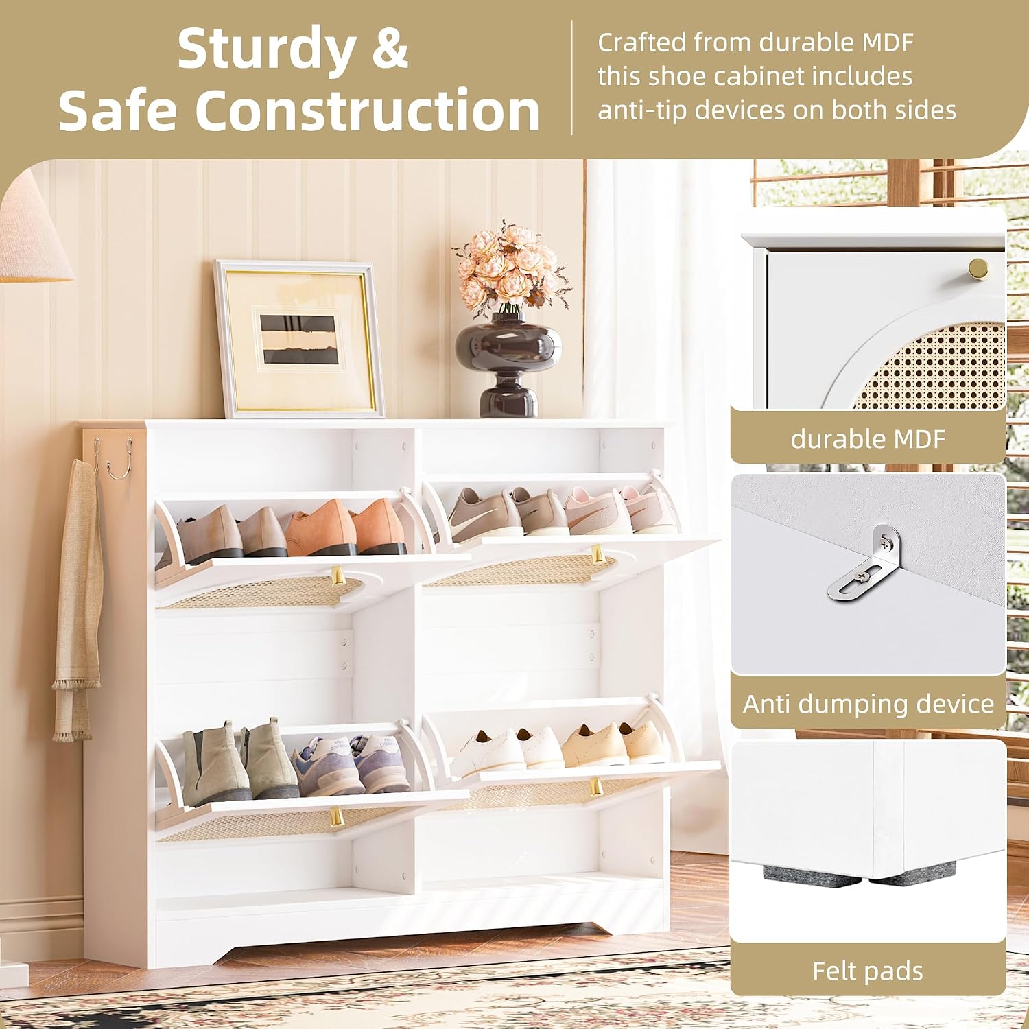 Shoe Cabinet with 4 Rattan Flip Drawers, Mid-Century Narrow Design Tipping Bucket Shoe Rack with 2 Silvery Hooks, Elegant Entryway Shoe Organizer with 4 Rattan Doors for Hallway (White//21)