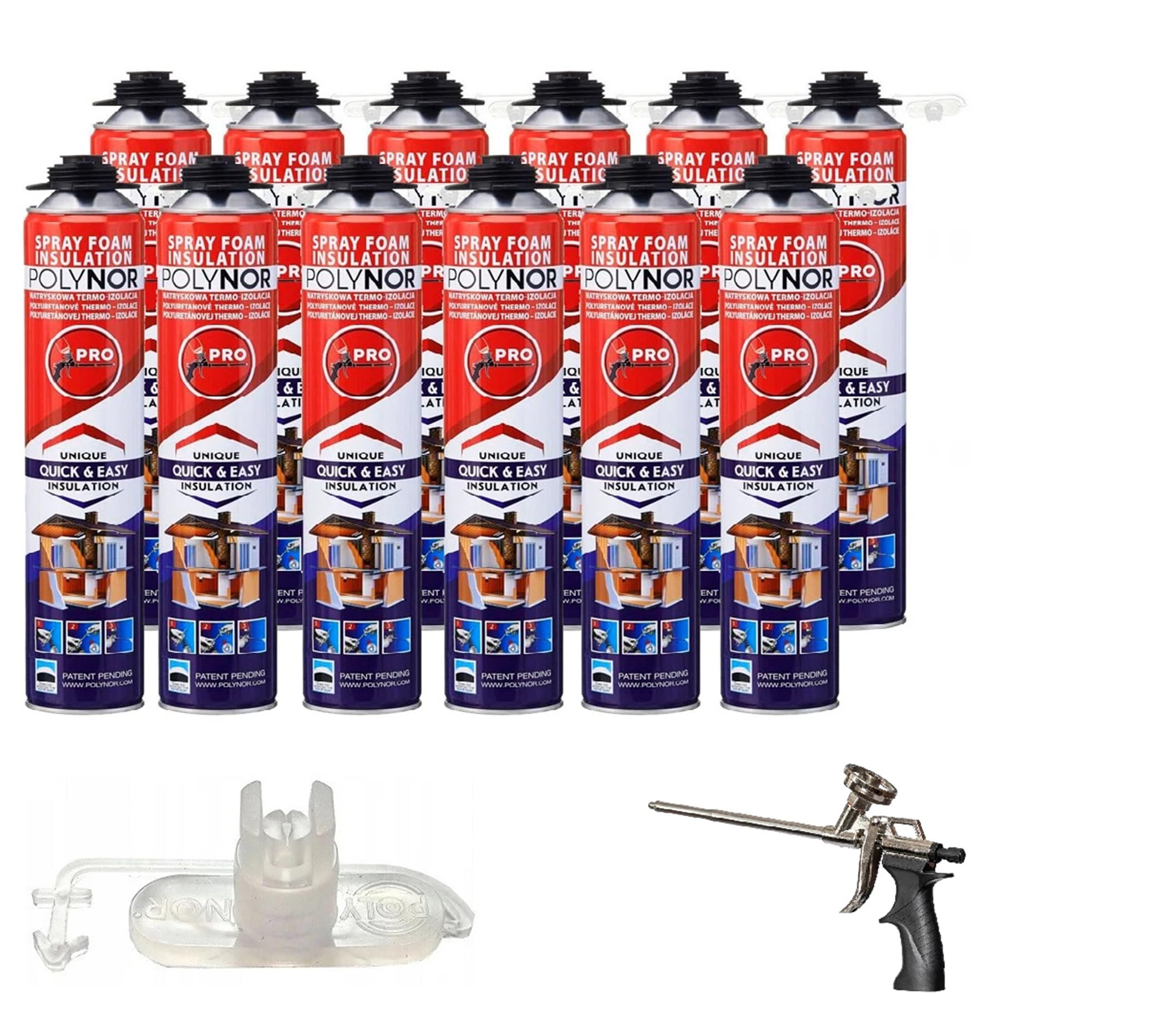 POLYNOR Isolation thermique PUR en bombe PRO - Kit - 12 mousses - Pistolet à mousse - Isolation thermique par projection - Isolation des murs, toits, plafonds, tuyaux - Aérosol 750 ml