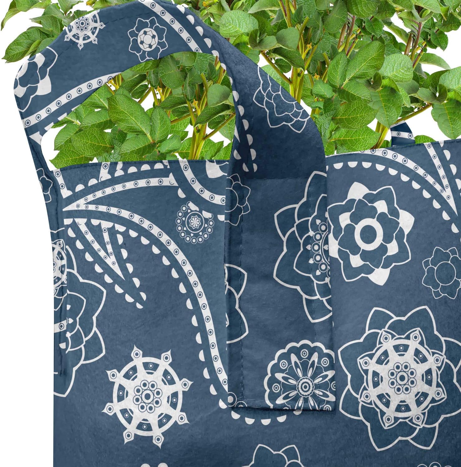 Lunarable Blue Paisley Grow Bags 5-Pack, Folkloric Floral Motif, Heavyduty Fabric Pots with Handles for Plants, 7 Gallon, Dark Slate Blue White