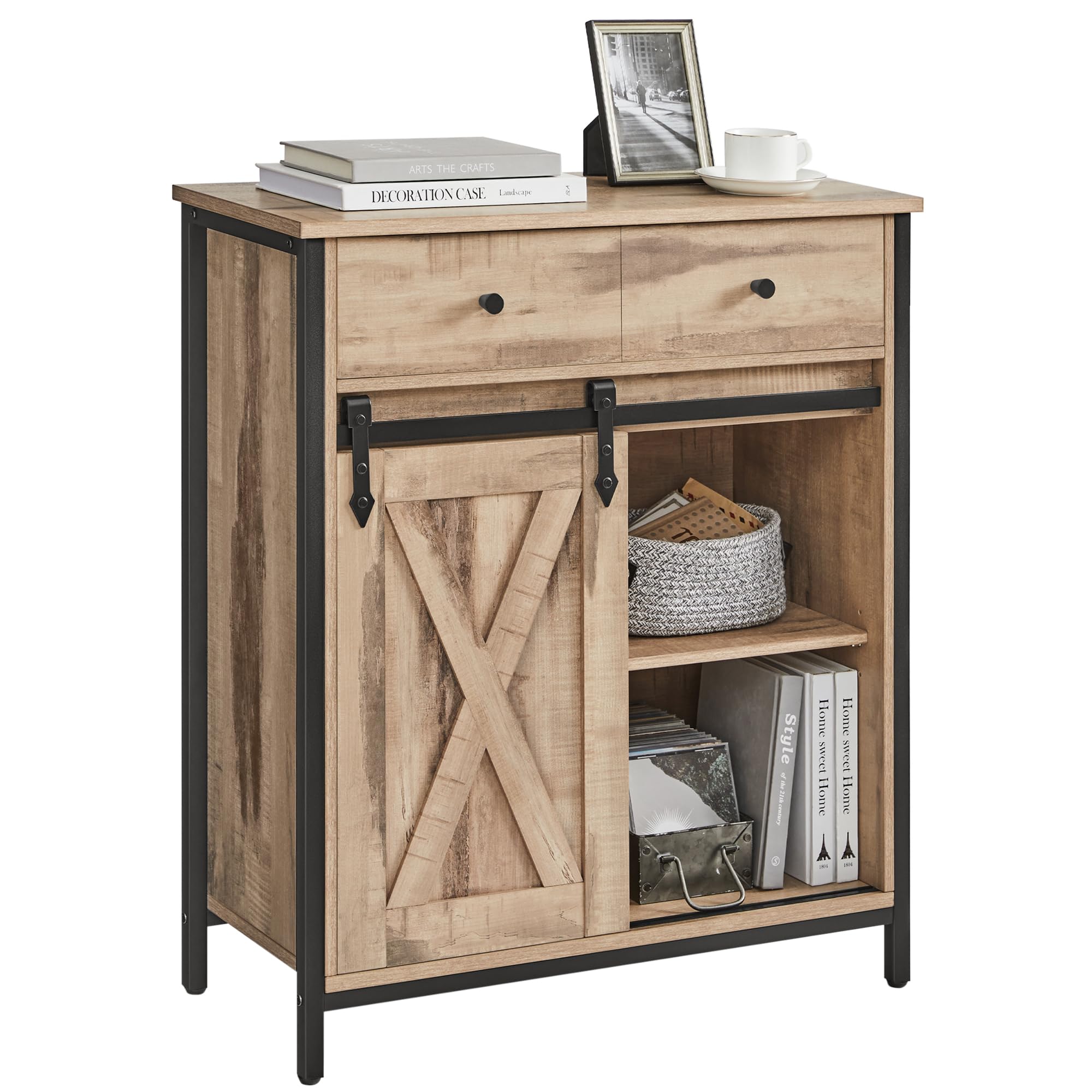 VASAGLE Sideboard, Storage Cabinet, Freestanding Kitchen Cupboard with Sliding Barn Door, 30 x 70 x 80 cm, Adjustable Shelf, Farmhouse Style, for Living Room, Toasted Oak Colour and Black LSC100B50