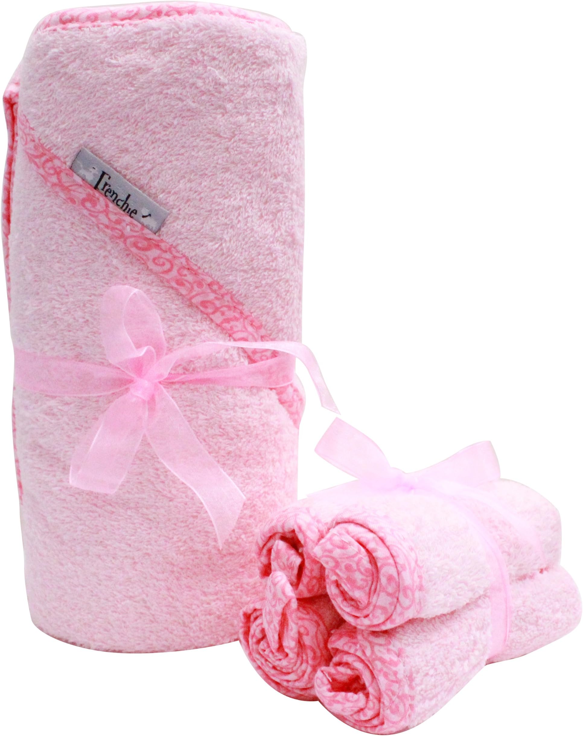 40"x30" Absorbent Hooded Towel and 4 Wash Cloth Set, Pink, Frenchie Mini Couture…