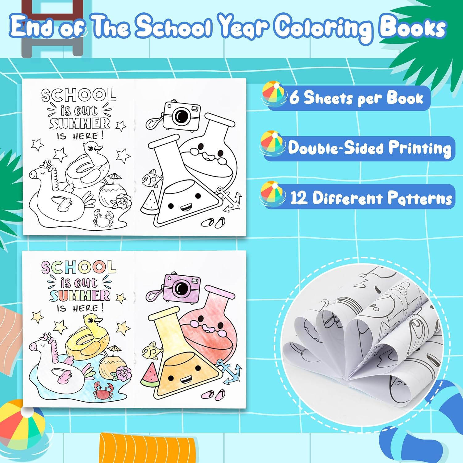 Dvbonike 24Pcs End of the School Year Coloring Books - Summer Beach Pool DIY Color-in Pages Holiday Graduation Drawing Booklet Classroom Rewards Art Activity Gifts Party Favors Supplies for Kids
