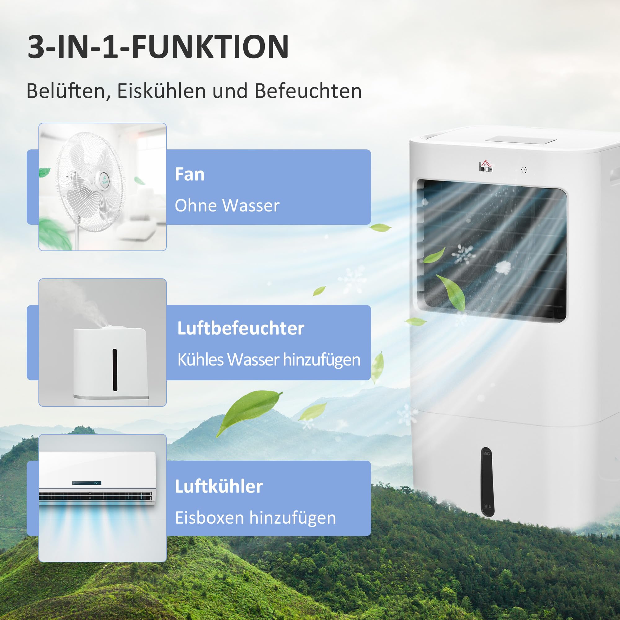 Klimatyzator 3 w 1 z nawilżaczem, chłodzenie wodne 15L