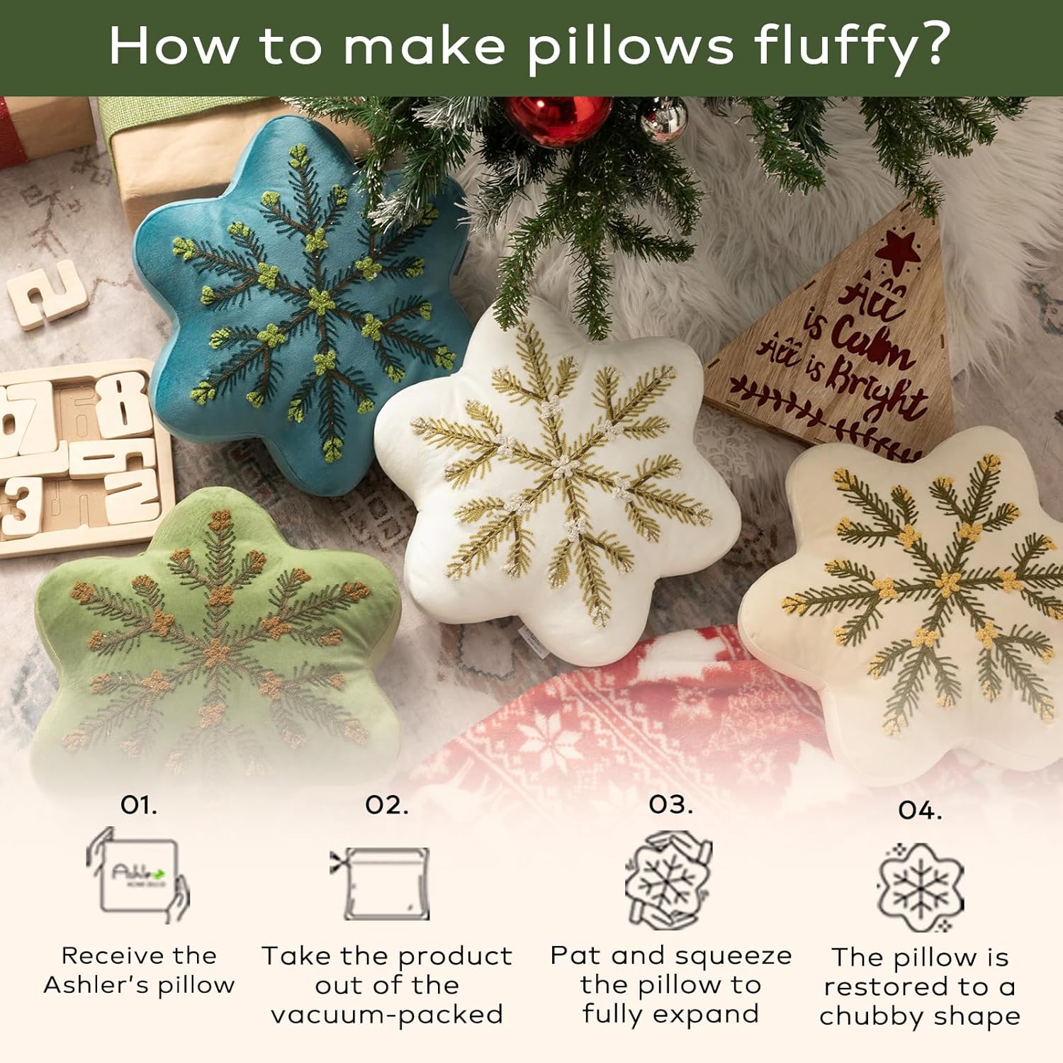 Ashler Merry Christmas Snowflake Pillow, 15x15 Inch Velvet Embroidered Snowflake Shape Decorative Throw Pillow for Couch, Living Room, Bed, Off White