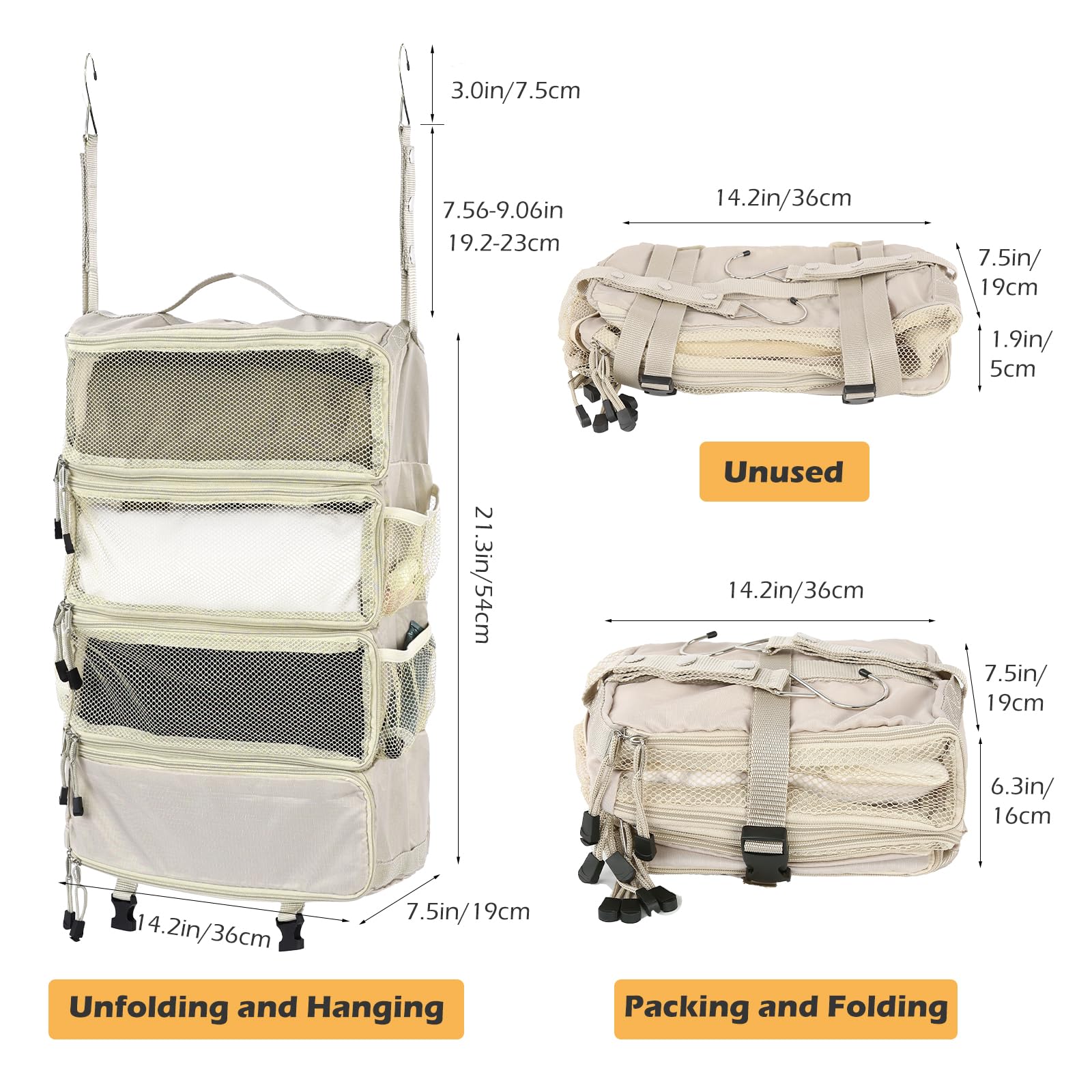 TABITORA Organizer da viaggio per bagagli, da appendere, portatile, con 2 ganci, pieghevole (beige, M)