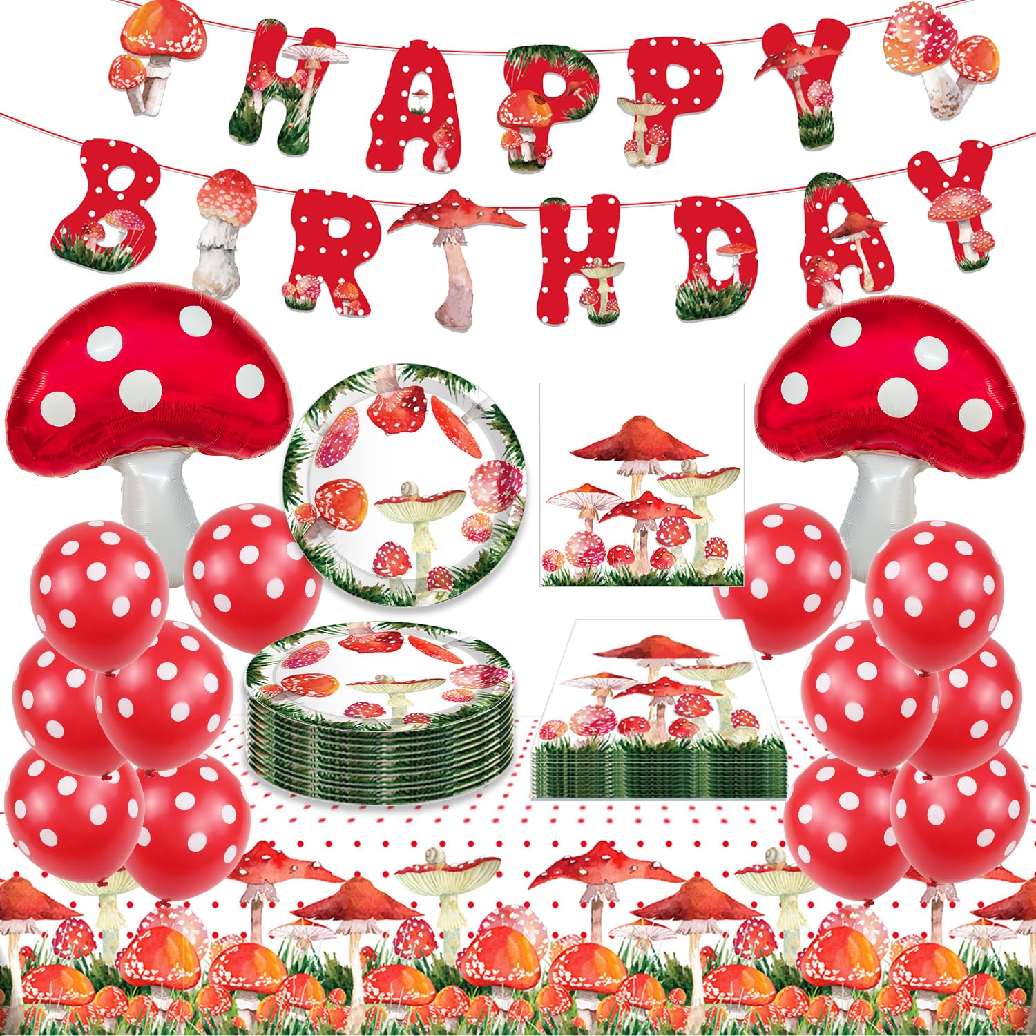 44 PCS Mushroom Birthday Party Decorations, Mushroom Birthday Banner Mushroom Balloons Mushroom Tablecloth Mushroom Plates and Napkins for Mushroom