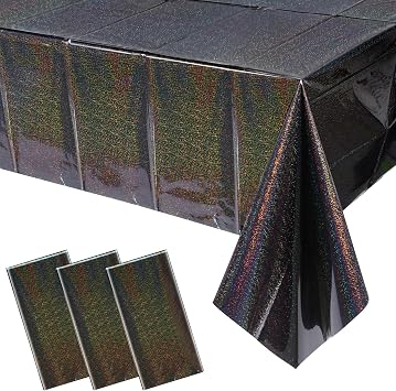 3 Pack Iridescent Black Plastic Tablecloths, Shiny Disposable Laser Rectangle Table Covers, Holographic Foil Tablecloth for Halloween Birthday Space Graduation Black Themed Party, 54x108Inch