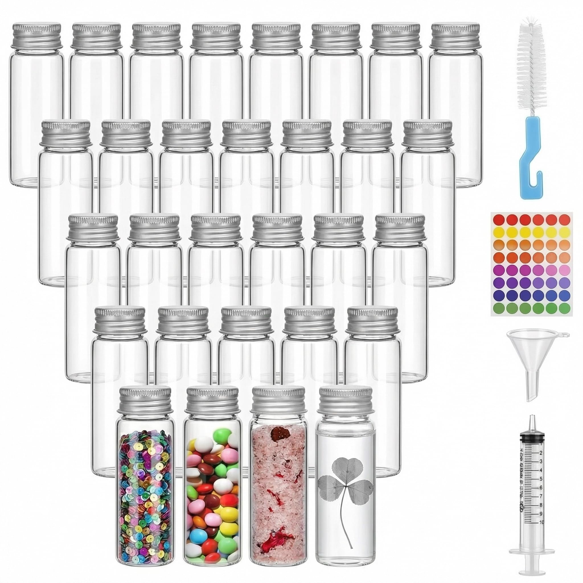 30 Pcs Tubes à Essai en Verre avec Bouchon à Vis en Aluminium, Petit Flacon en Verre, Mini Tube a Essai à Large Ouverture avec 4 Accessoires pour Bricolage, Liquides, Sable, Perles (50ml)