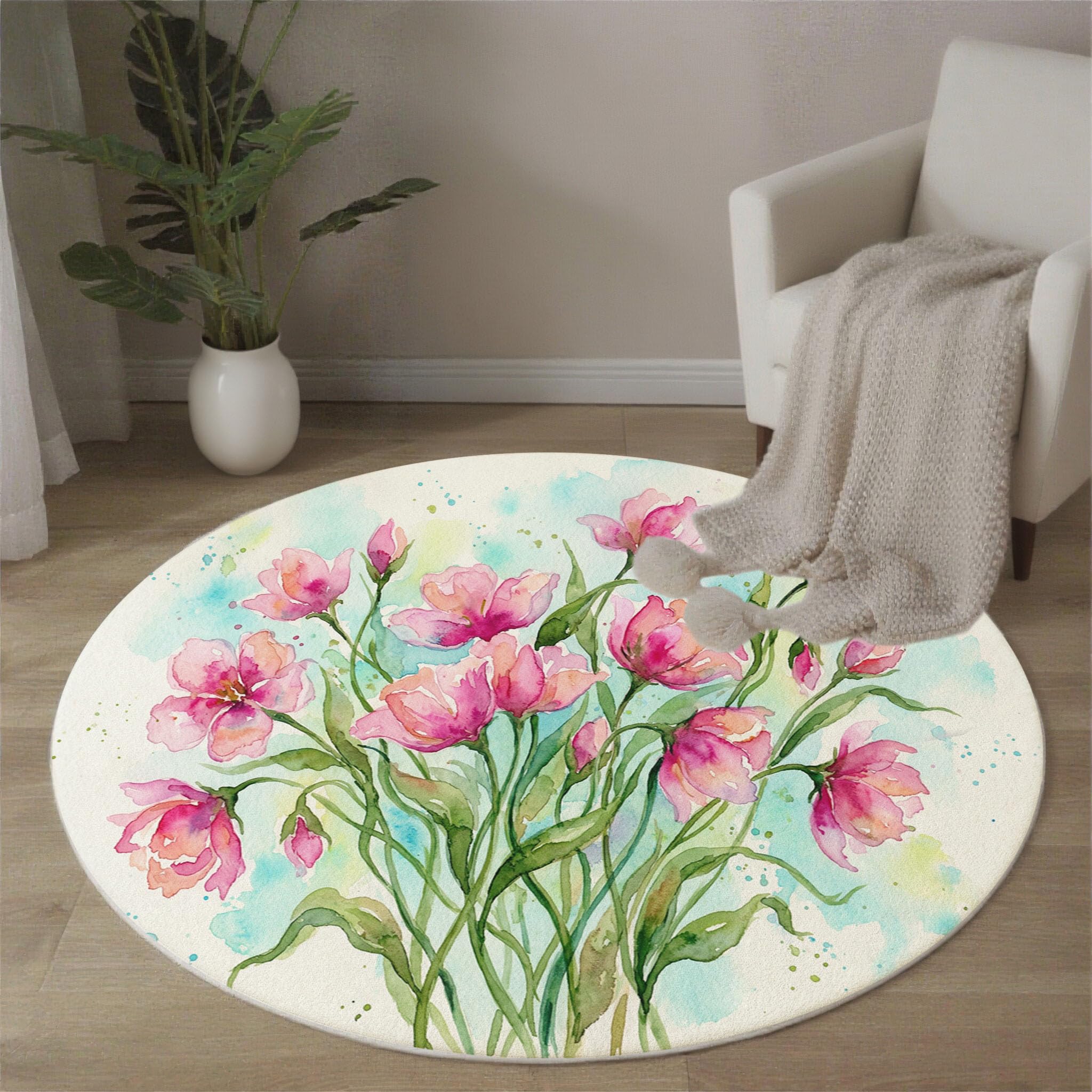 Tapis lavable en machine rose rond 100cm antidérapant pour salon