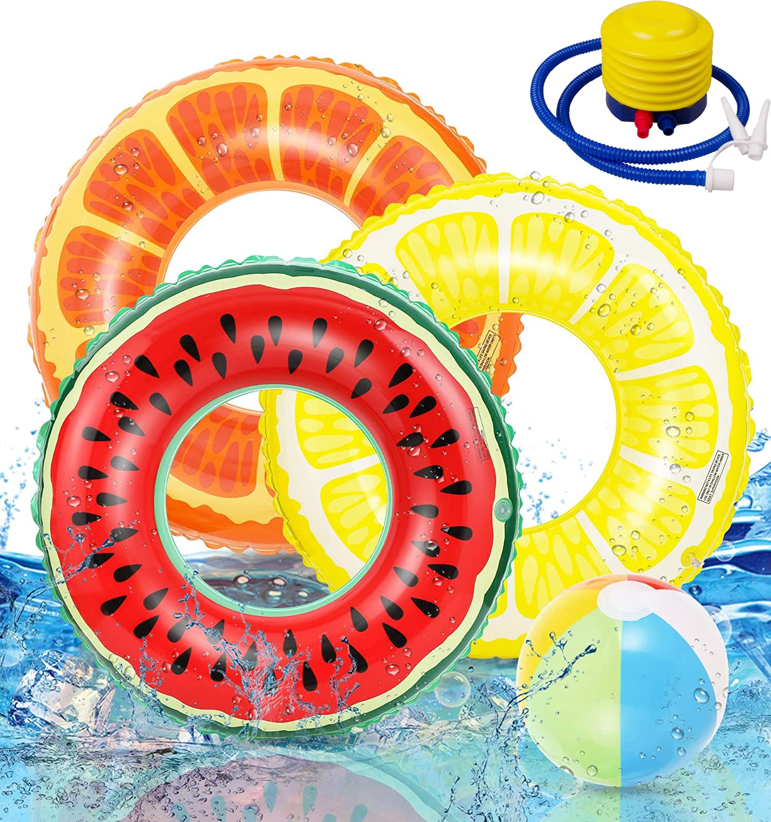 3 PCS Swimming Rings with 1 Beach Ball Inflatable Pool Floats for Kids Adults 75cm Fruits Pool Floaties Rings Tube Toys for Summer Beach Water Float Party, Swimming Pool, Ocean, Beach Time