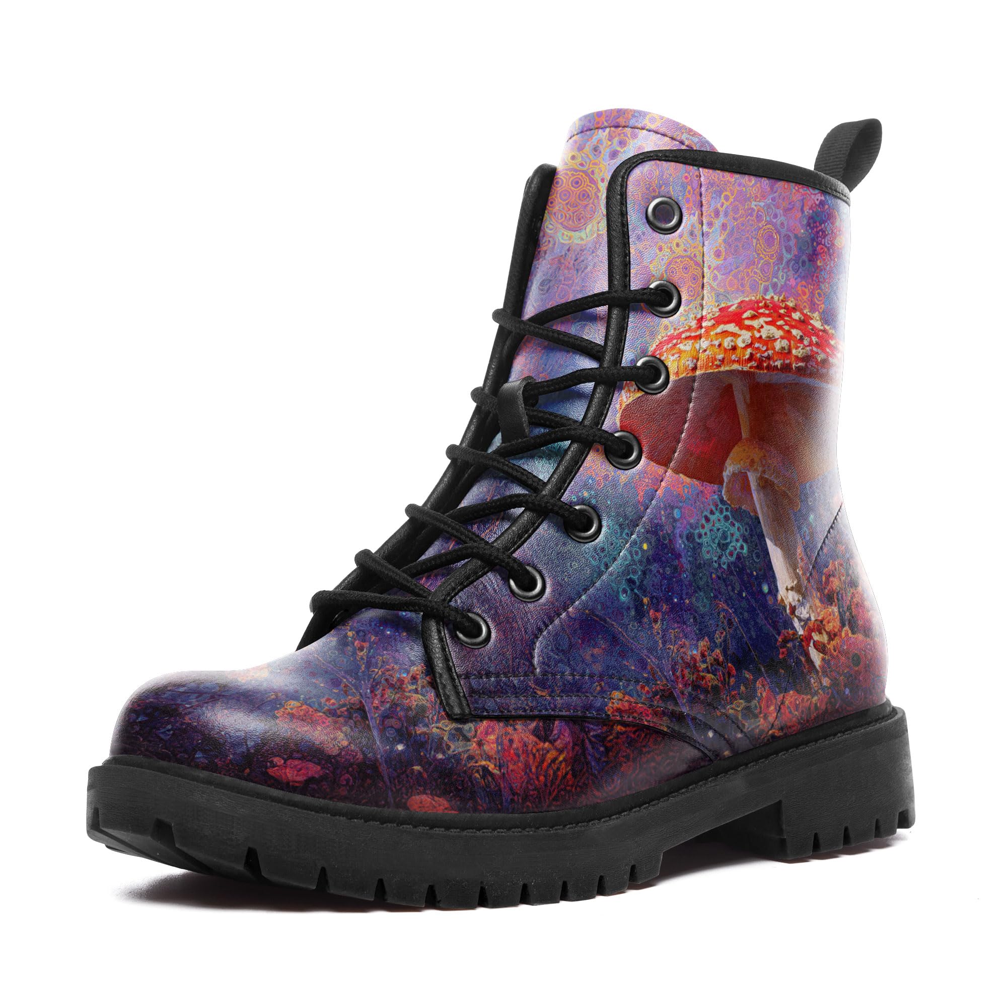 Womens Floral Combat Boots Butterfly Bee Print Lace-Up Ankle Booties Non-Slip Waterproof Faux Leather Chunky Classic Boot