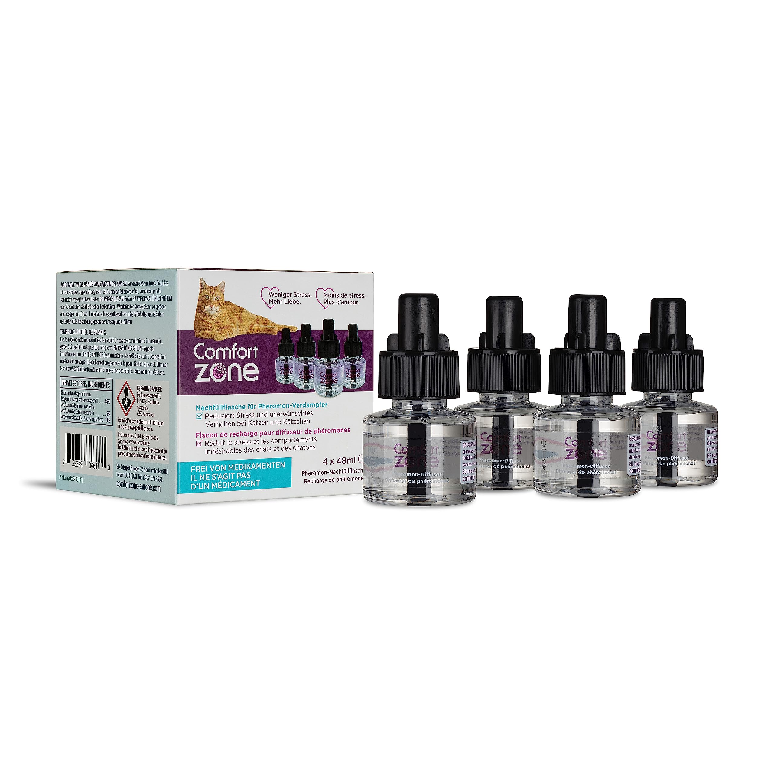 4er-Nachfüllpack im Sparpaket (120 Tage) für Comfort Zone Diffuser, Pheromone für EIN entspanntes Zuhause - reduziert Stress, Markieren, Kratzen und andere problematische Verhaltensweisen.