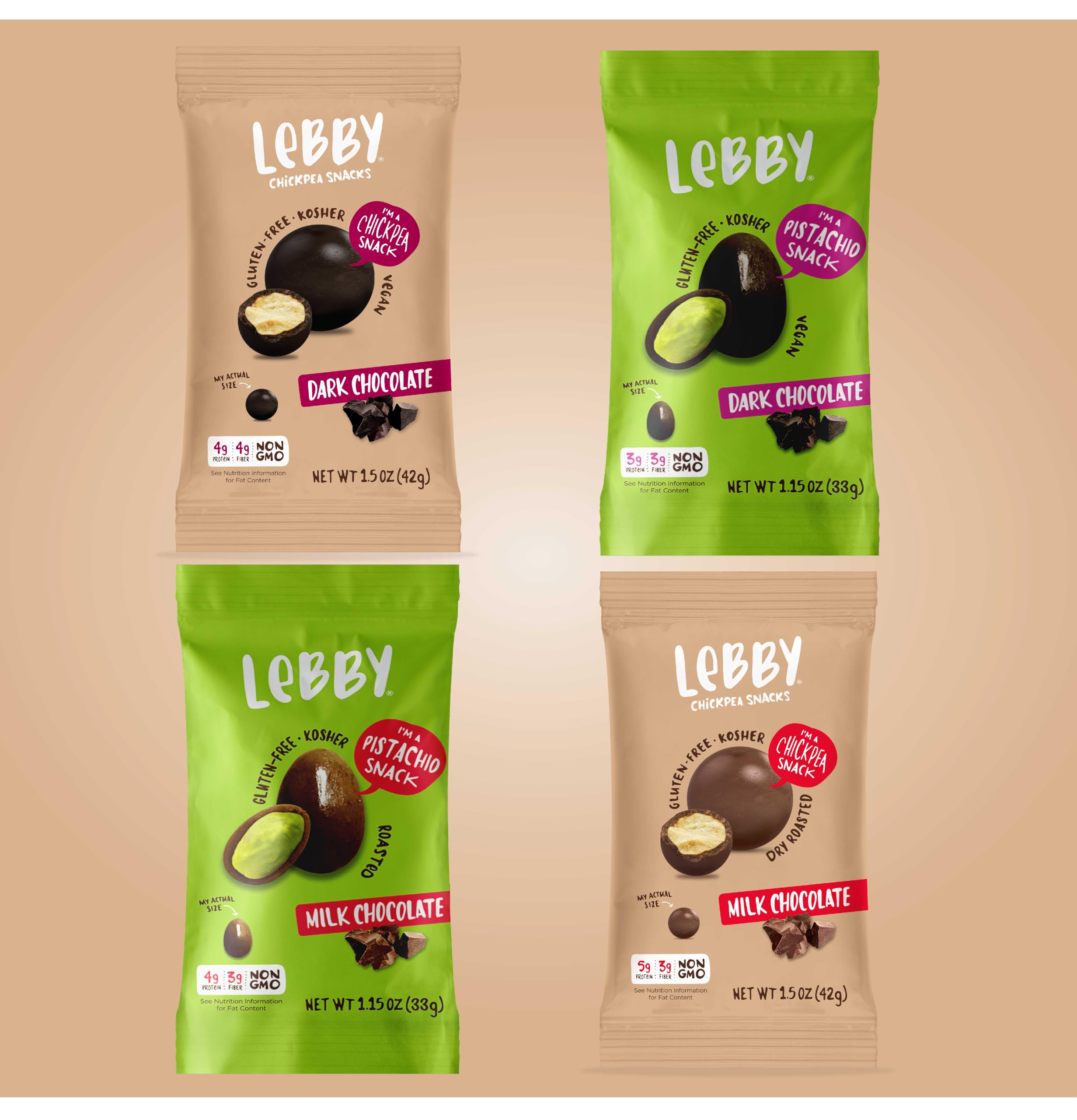 LebbyDark and Milk Chocolate Covered Pistachio & Chickpea Variety Pack, Irresistibly Delicious Pistachio & Chickpea Snack, Roasted Mediterranean, Gluten Free, Non-GMO & Vegan, 1.5 Ounce (Pack of 4)