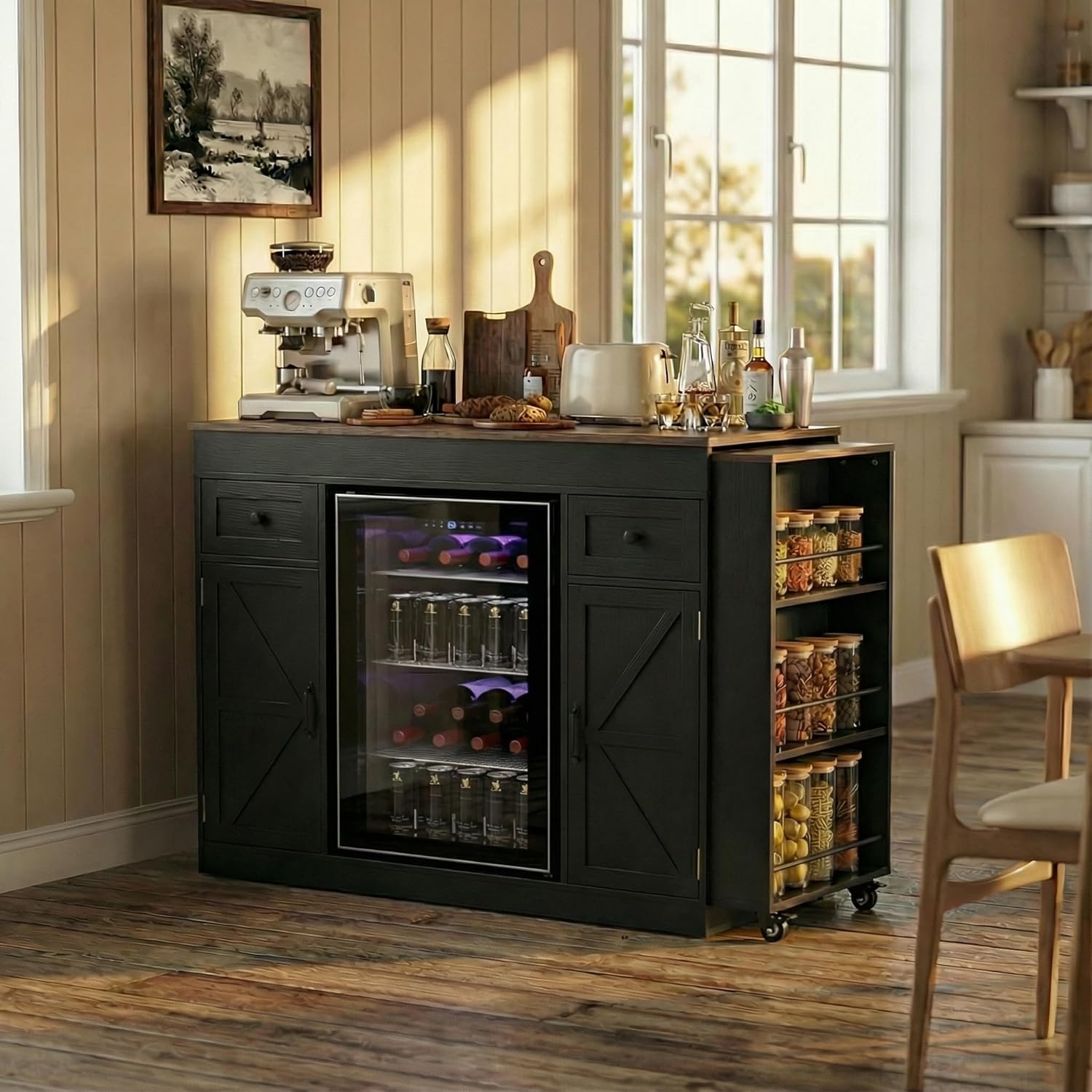 ARTETHYS 48’’- 80’’ Extendable Kitchen Island with Storage Expanded Kitchen Island Table with Fridge Compartment & Drawers, Sideboard Buffet Table with Cabinet and Side Rack for Kitchen, Black