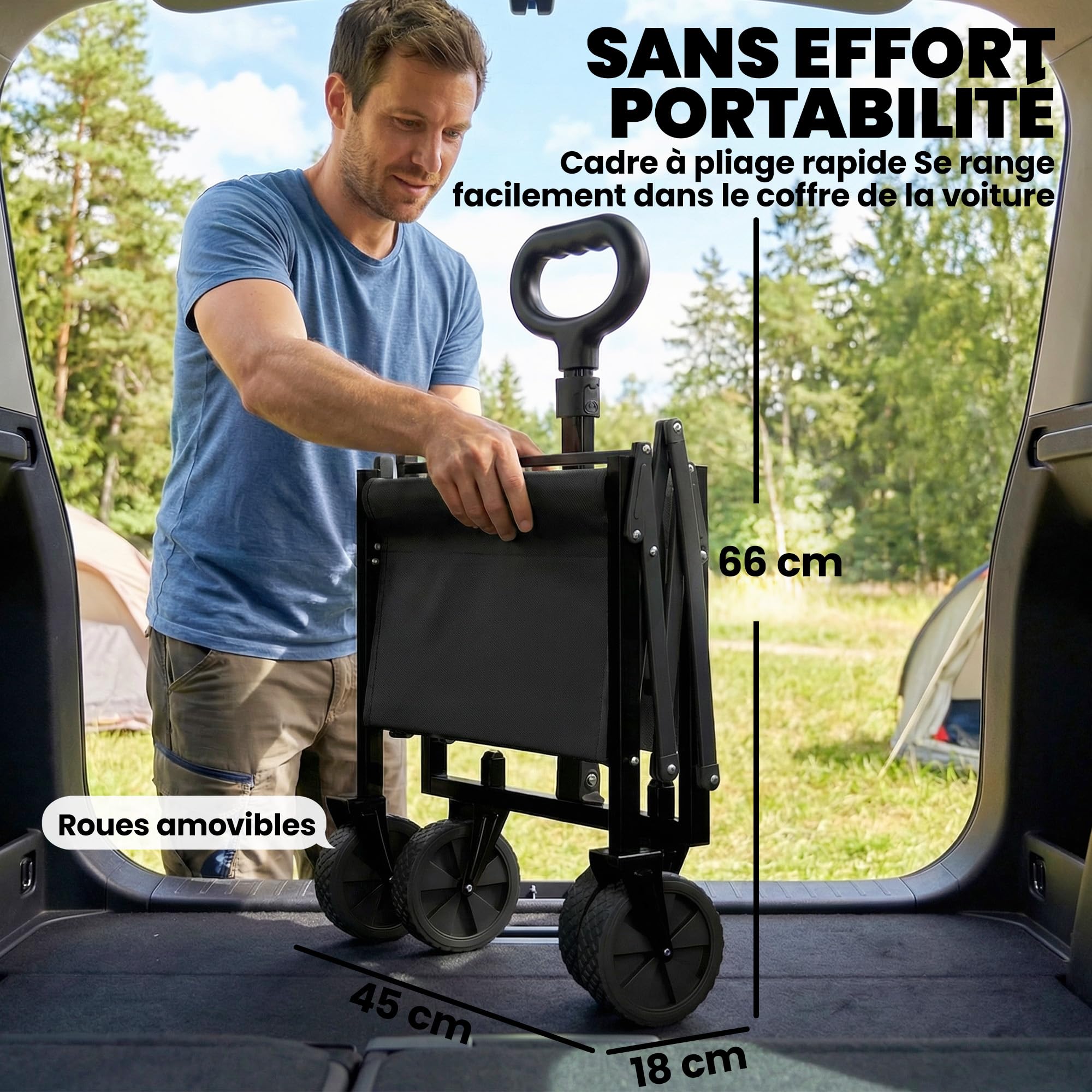 Outsunny Chariot de Transport Pliable, 60L, Charge 150 kg, Porte Arrière Rabattable, Roues Amovibles, Poignée Réglable, Porte-Gobelets, Chariot de Jardin Tout Terrain pour Plage Camping, Noir