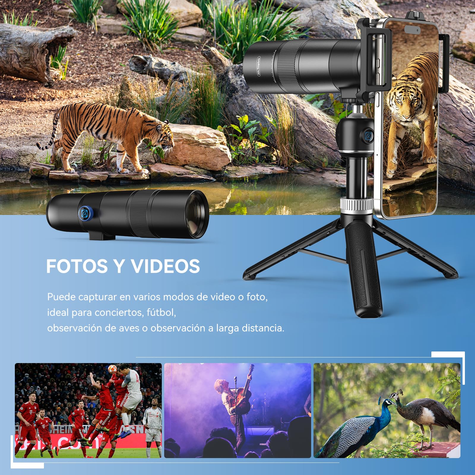 30x Objetivo Telefoto con Trípode - Kit de Lentes para Cámara de Teléfono con Clip Universal, Accesorio para iPhone y Android