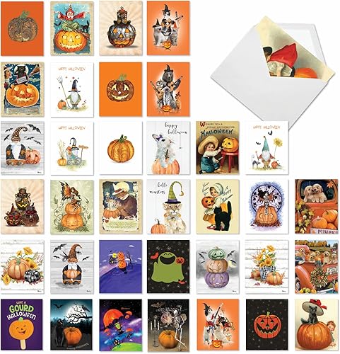 The Best Card Company 36 tarjetas de Halloween surtidas en caja de 4 x 5.1 pulgadas con sobres (36 diseños, 1 de cada uno) Diversión de calabaza
