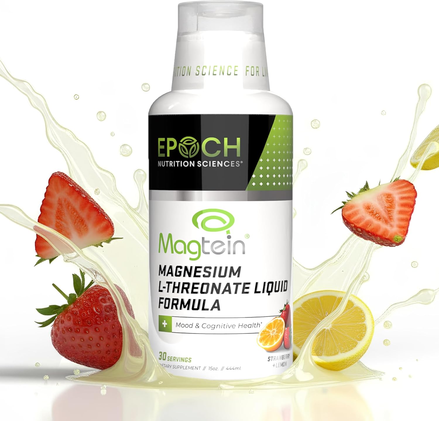 Magtein® Magnesium L-Threonate Liquid – 2000mg for Brain Health, Mood & Sleep – Fast-Absorbing Liquid, No Pills or Droppers – Strawberry Lemon Flavor – 30 Servings – Epoch Nutrition