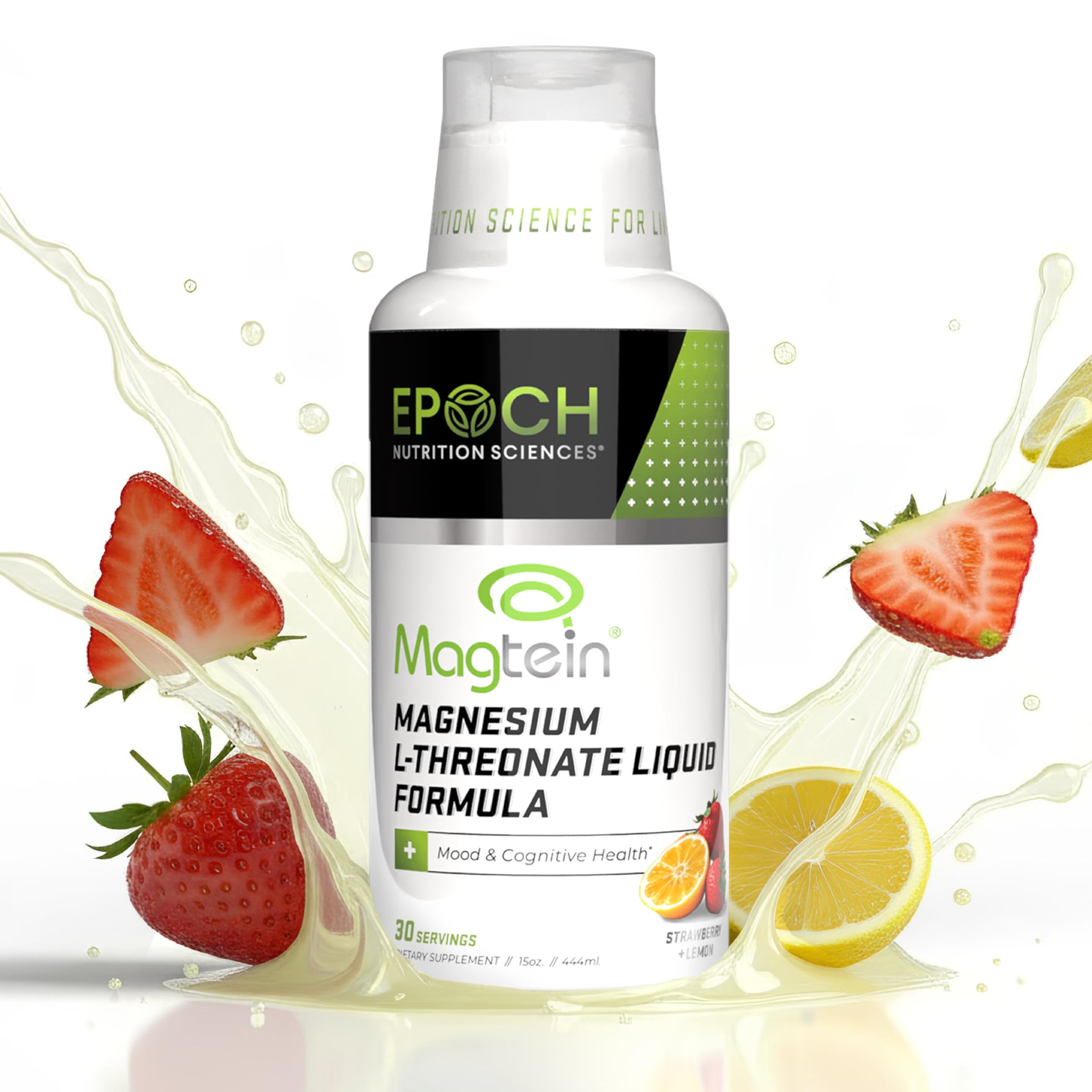 Magtein® Magnesium L-Threonate Liquid – 2000mg for Brain Health, Mood & Sleep – Fast-Absorbing Liquid, No Pills or Droppers – Strawberry Lemon Flavor – 30 Servings – Epoch Nutrition