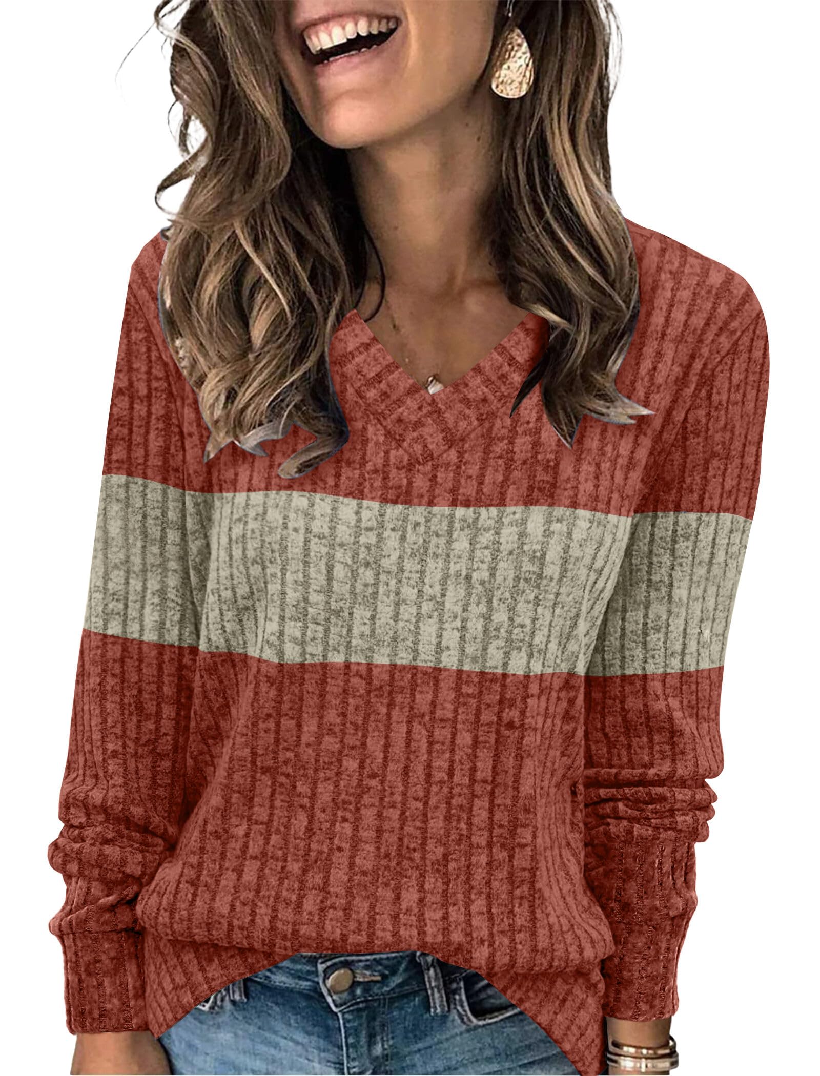 Sampeel V Neck Long Sleeve Shirts for Women Casual Fall Tops Lightweight Tunic Sweaters Fashion Clothes Loose Fit 2025