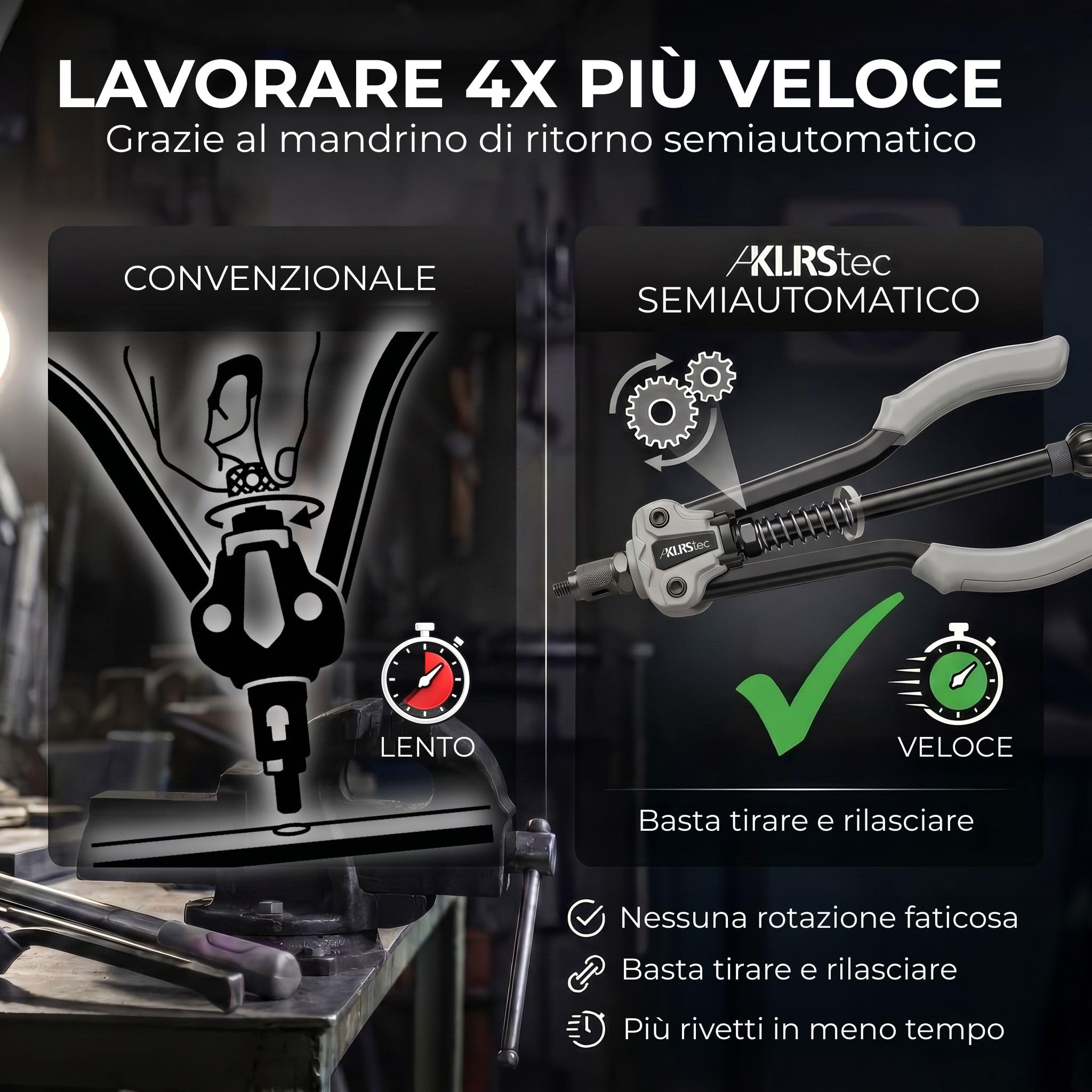 KLRStec Professional Rivettatrice per Inserti Filettati Set [M3-M12] Pinza Semiautomatica per Lavoro Più Veloce incl. 70 Inserti Filettati, Punta a Gradini e Valigetta - Kit Pro Dadi a Rivetto