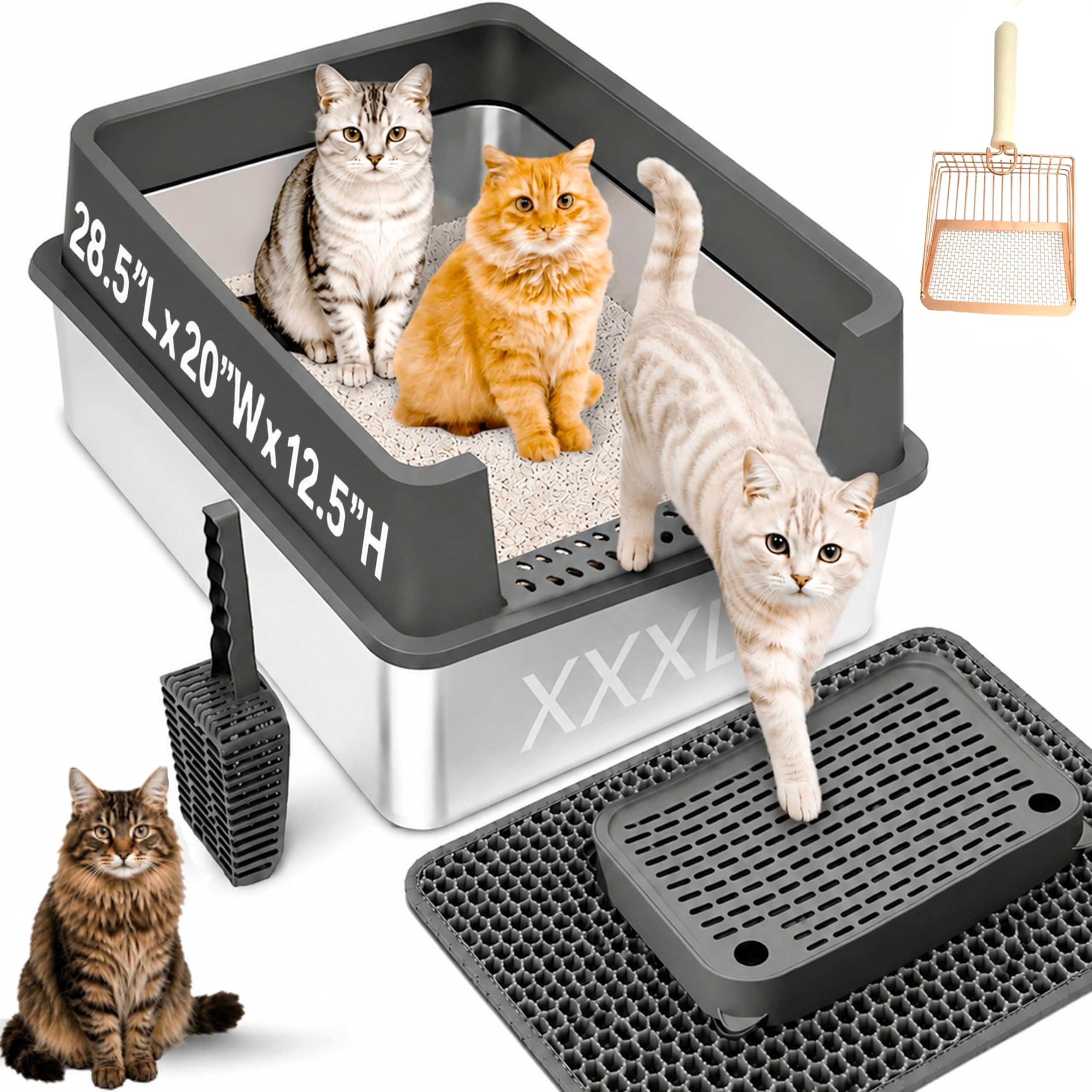 Extra Large Stainless Steel Cat Litter Tray with High Sides 73cm x 53cm x 35 cm, Removable Lid, Litter Mat, Metal Scoop for Big Cats - Non Stick, No Odor, Easy to Clean - 65 Litres